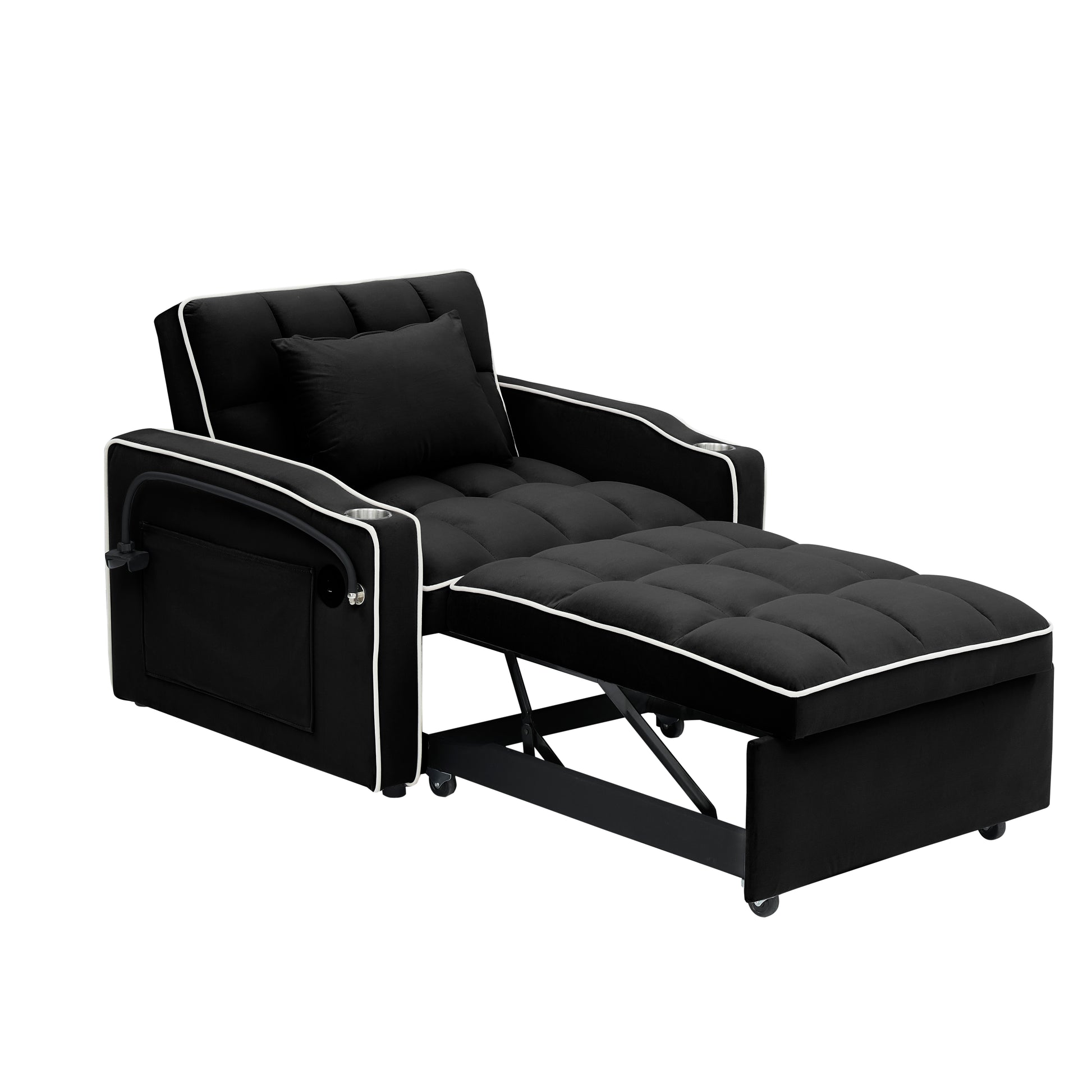 1 Versatile Foldable Sofa Bed In 3 Lengths, Modern Sofa Sofa Sofa Velvet Pull Out Bed, Adjustable Back And With Usb Port And Ashtray And Swivel Phone Stand Black Black Velvet Wood Primary Living Space Cushion Back Light Duty Modern,Traditional Eucalyptus