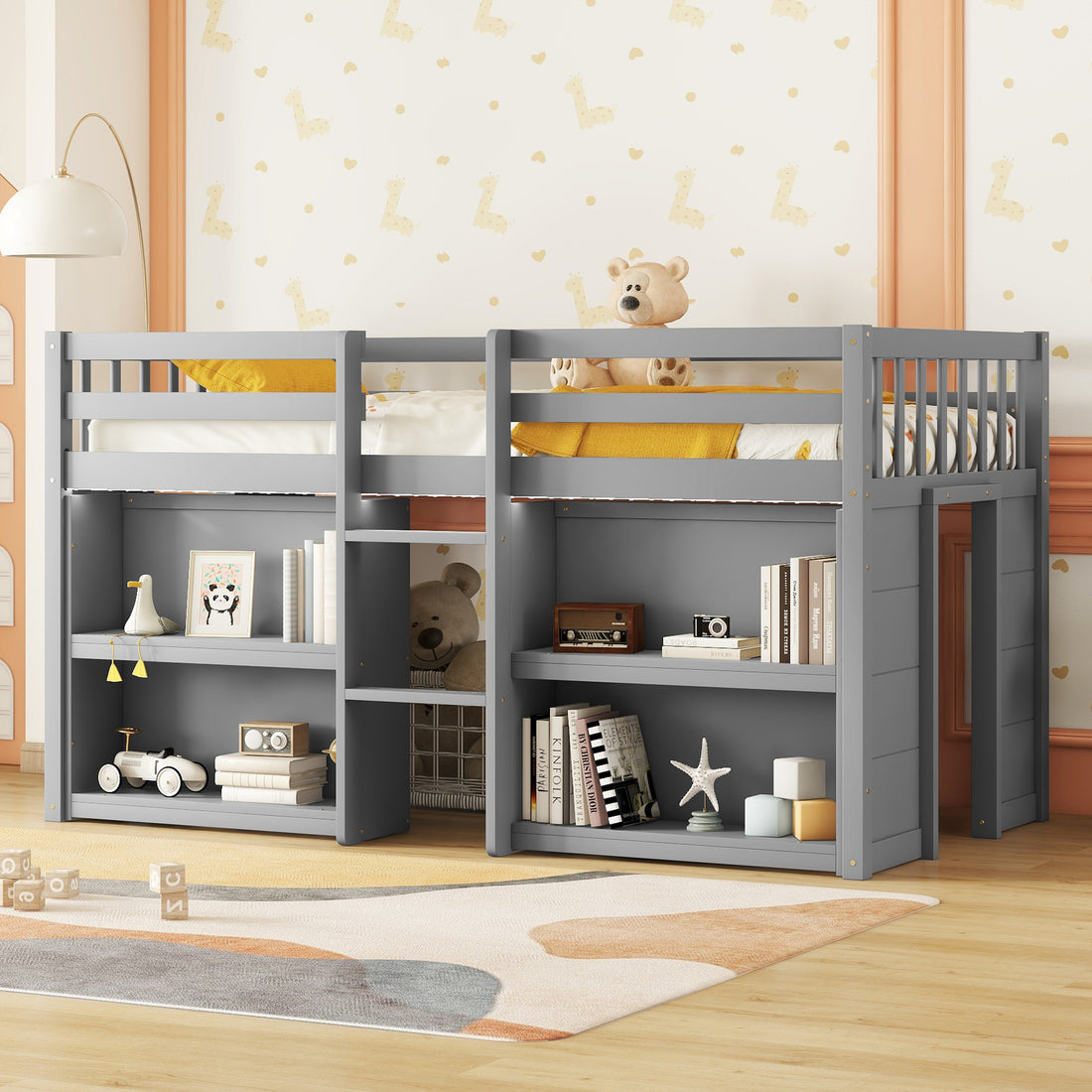 Twin Size Kid Low Loft Bed With Two Tier Shelves And Led Light For Grey Color Box Spring Not Required Twin Grey Bedroom Pine