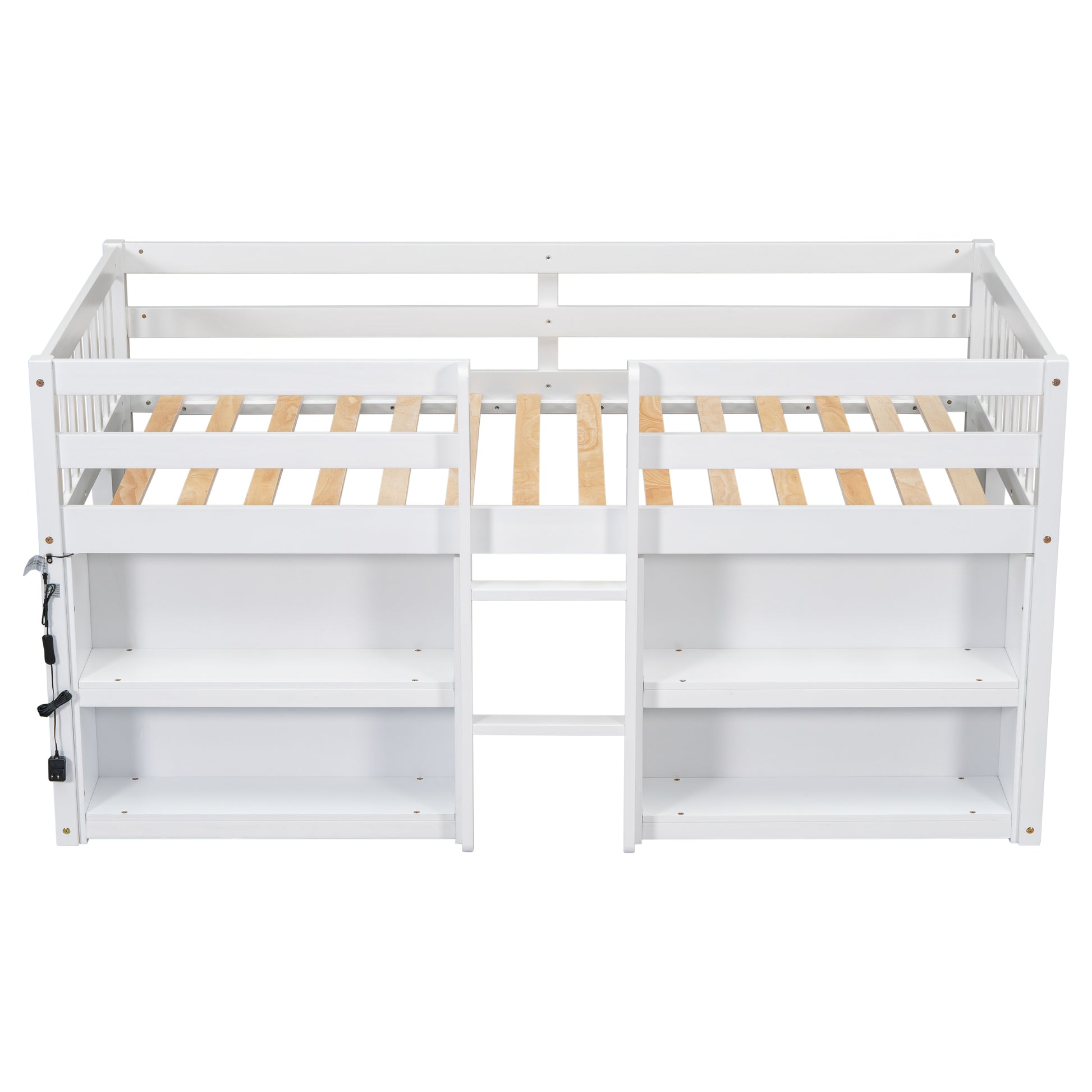 Twin Size Kid Low Loft Bed With Two Tier Shelves And Led Light For White Color Box Spring Not Required Twin White Bedroom Pine