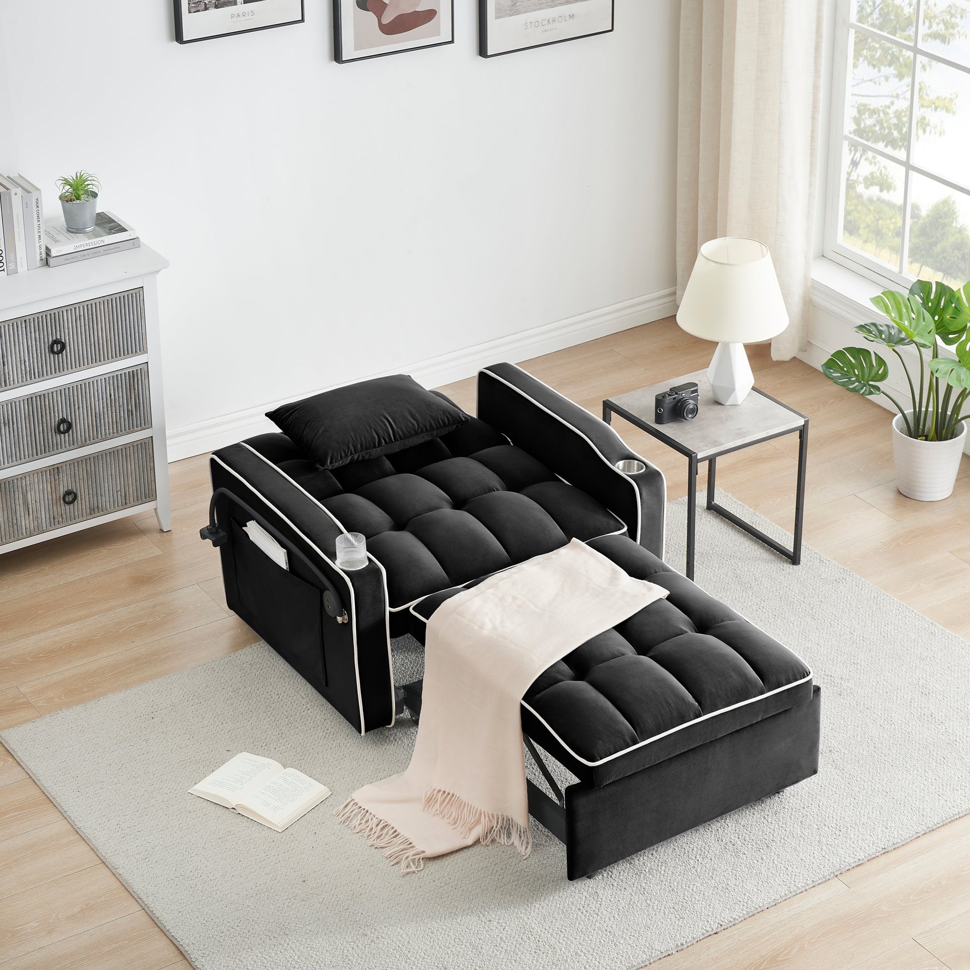 1 Versatile Foldable Sofa Bed In 3 Lengths, Modern Sofa Sofa Sofa Velvet Pull Out Bed, Adjustable Back And With Usb Port And Ashtray And Swivel Phone Stand Black Black Velvet Wood Primary Living Space Cushion Back Light Duty Modern,Traditional Eucalyptus