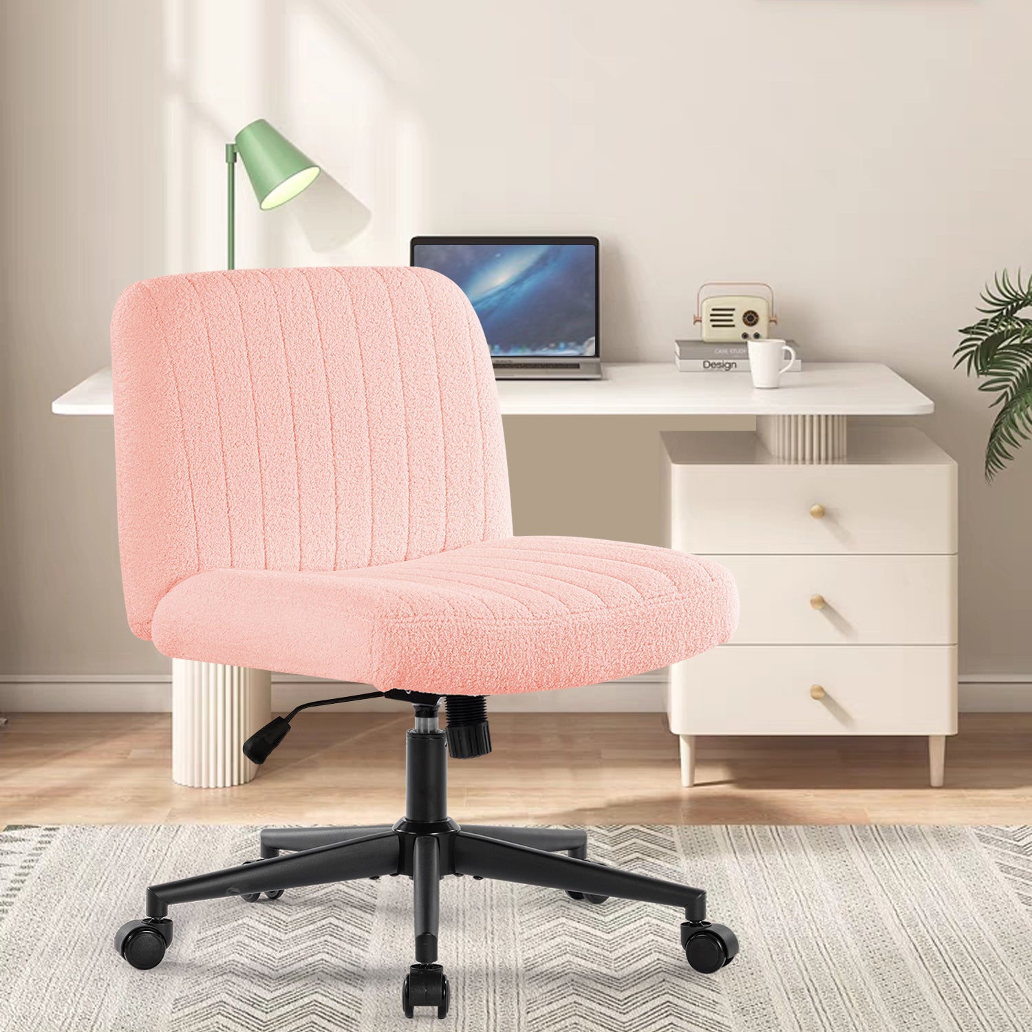 Office Chair With Wheels, Armless Office Chair, Teddy Velvet Wide Seat Home Office Chair, Cute Computer Chair With 15 Swing Backrest, Suitable For Bedrooms And Dressing Tables Wood Pink Teddy Handle Teddy