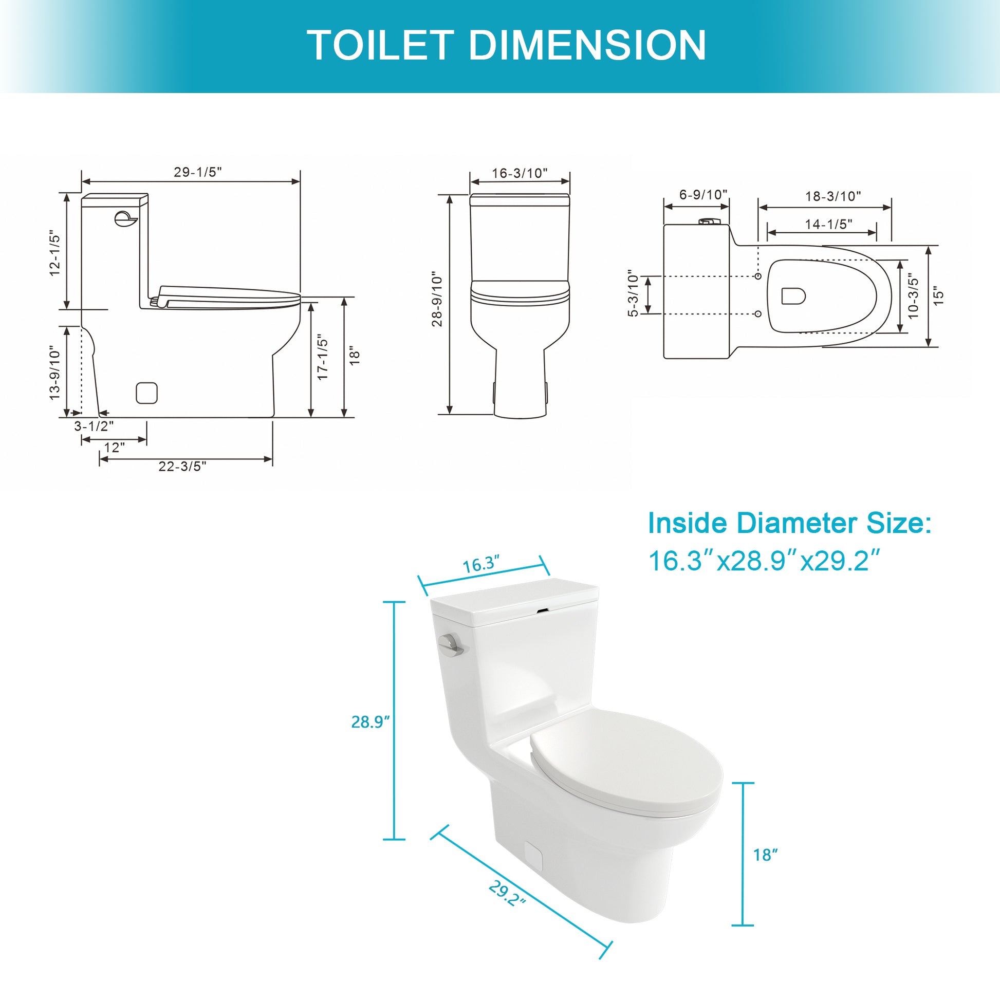 Ceramic One Piece Toilet,Single Flush With Soft Clsoing Seat White Ceramic