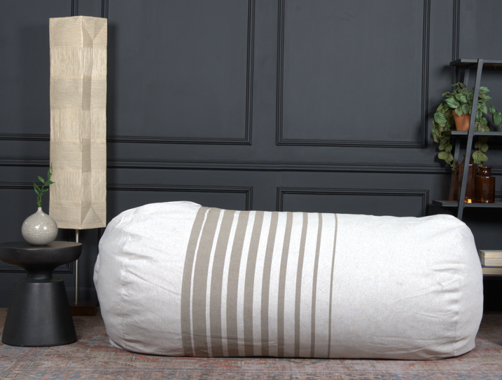 Zeon 6.5 Foot Striped Cylindrical Bean Bag, Natural Color With Ligt Brown Stripes Natural Cream Fabric