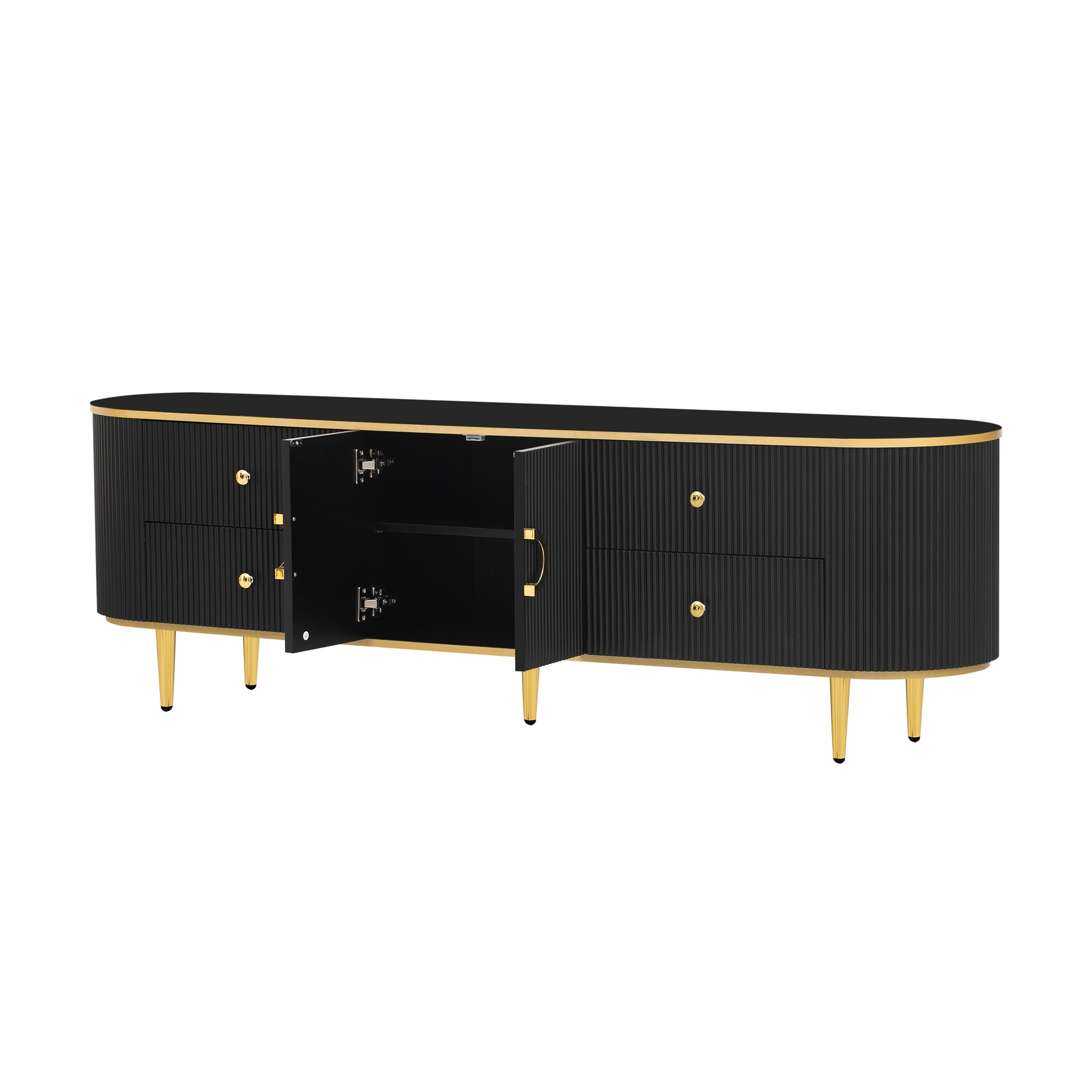 Modern Tv Stand For Tvs Up To 80 Inches, Entertainment Center With 4 Drawers And 1 Cabinet, Wood Tv Console Table With Metal Legs And Handles For Living Room Black 70 79 Inches Mdf