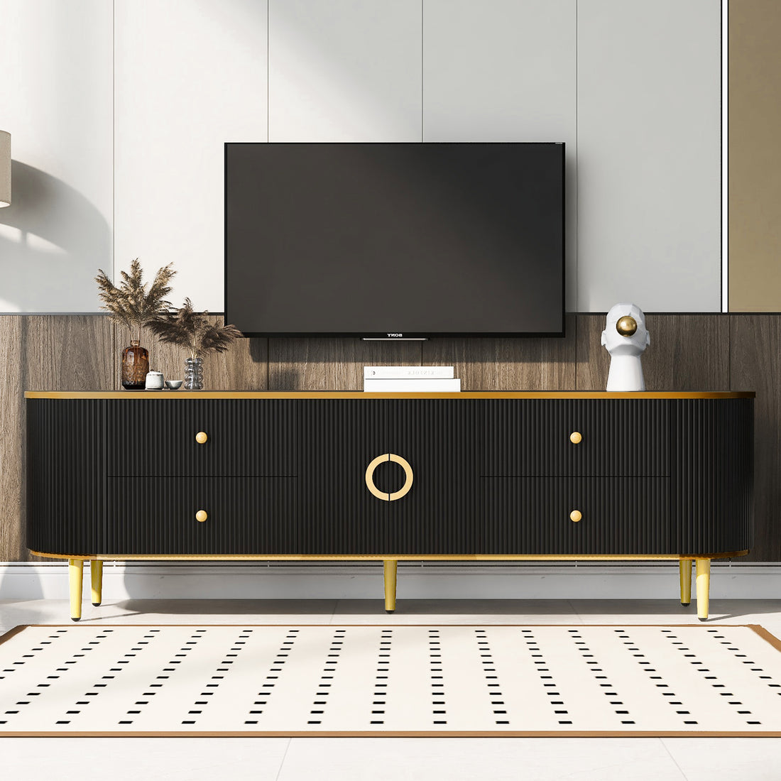 Modern Tv Stand For Tvs Up To 80 Inches, Entertainment Center With 4 Drawers And 1 Cabinet, Wood Tv Console Table With Metal Legs And Handles For Living Room Black 70 79 Inches Mdf