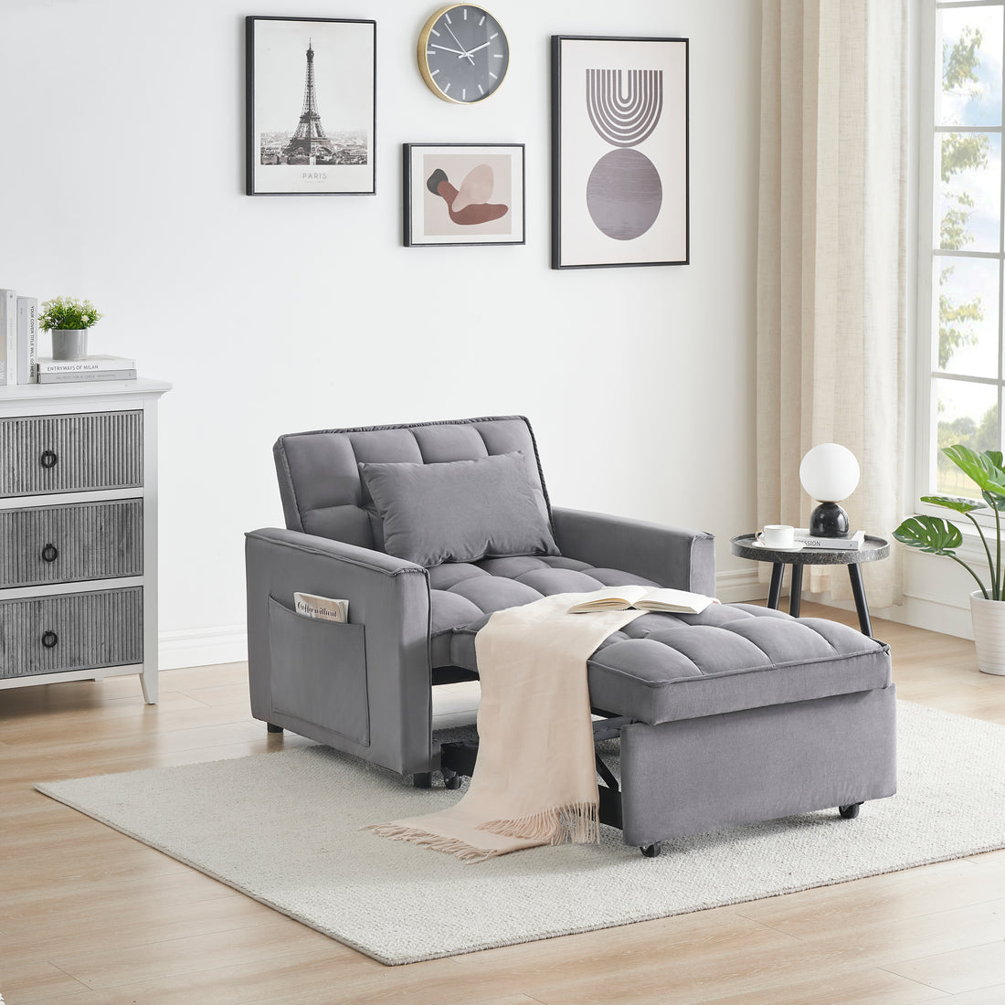 Sofa Bed Chair 3 In 1 Convertible, Recliner, Single Recliner, Suitable For Small Spaces With Adjustable Back Black Dark Grey Dark Grey Light Brown Velvet Wood Primary Living Space Loose Back Modern,Traditional Eucalyptus Rolled Arms Solid Wood Mdf Resin