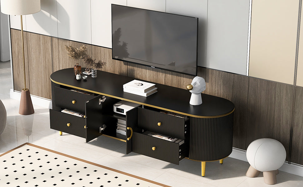 Modern Tv Stand For Tvs Up To 80 Inches, Entertainment Center With 4 Drawers And 1 Cabinet, Wood Tv Console Table With Metal Legs And Handles For Living Room Black 70 79 Inches Mdf