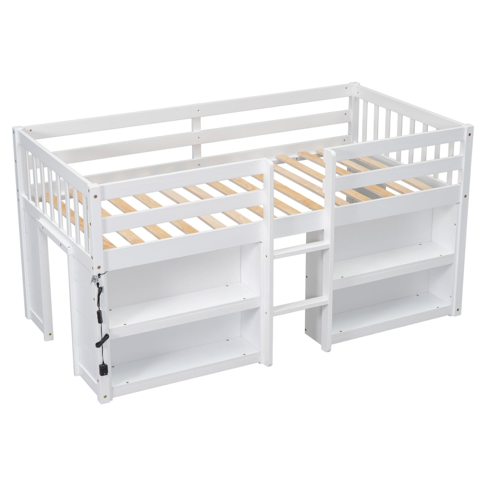 Twin Size Kid Low Loft Bed With Two Tier Shelves And Led Light For White Color Box Spring Not Required Twin White Bedroom Pine