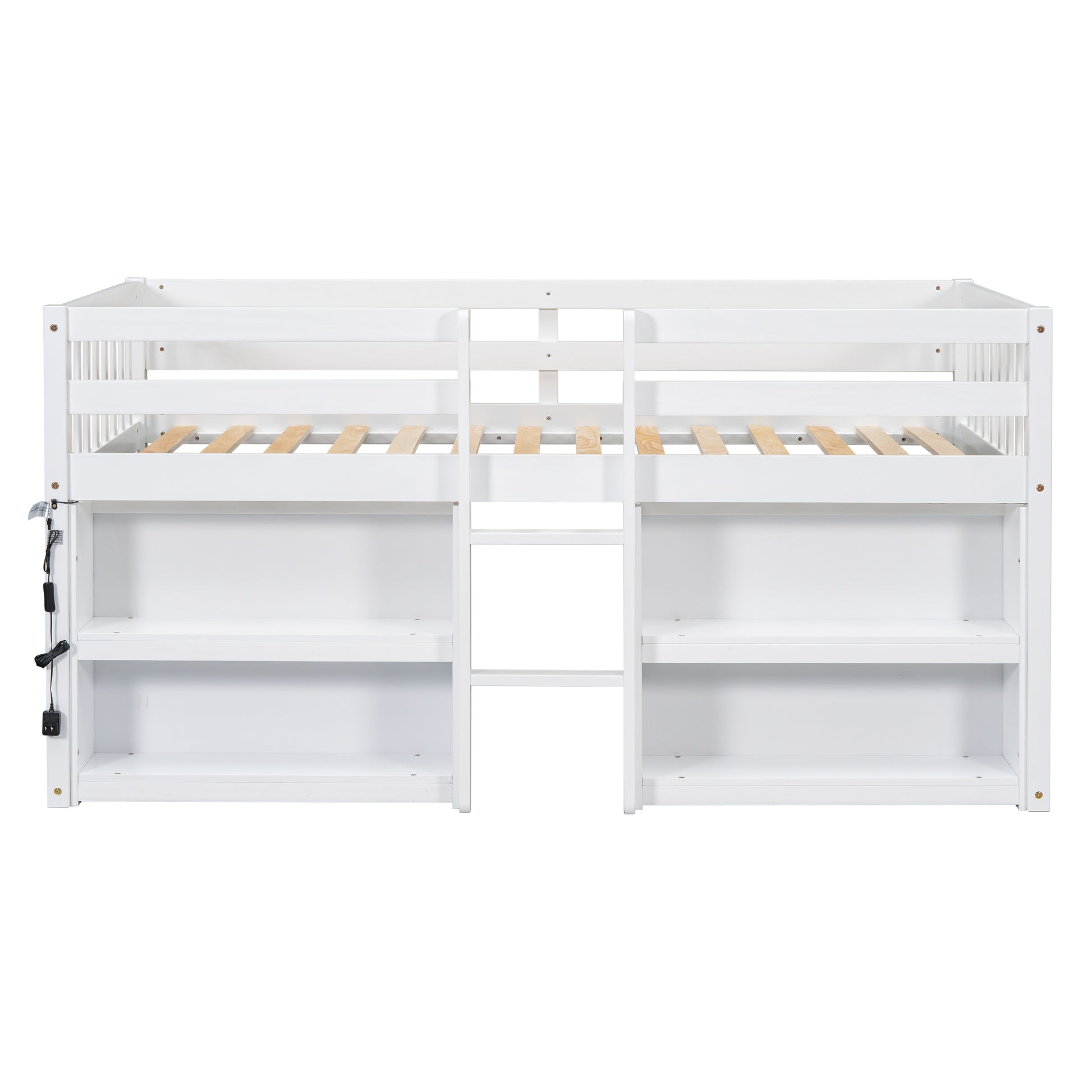 Twin Size Kid Low Loft Bed With Two Tier Shelves And Led Light For White Color Box Spring Not Required Twin White Bedroom Pine