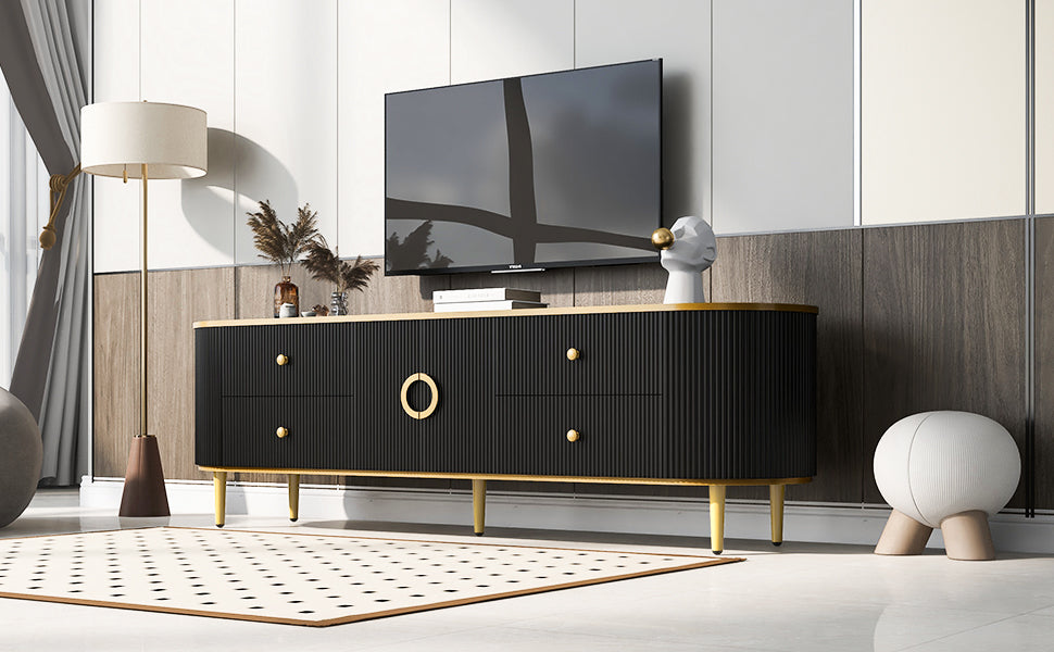 Modern Tv Stand For Tvs Up To 80 Inches, Entertainment Center With 4 Drawers And 1 Cabinet, Wood Tv Console Table With Metal Legs And Handles For Living Room Black 70 79 Inches Mdf
