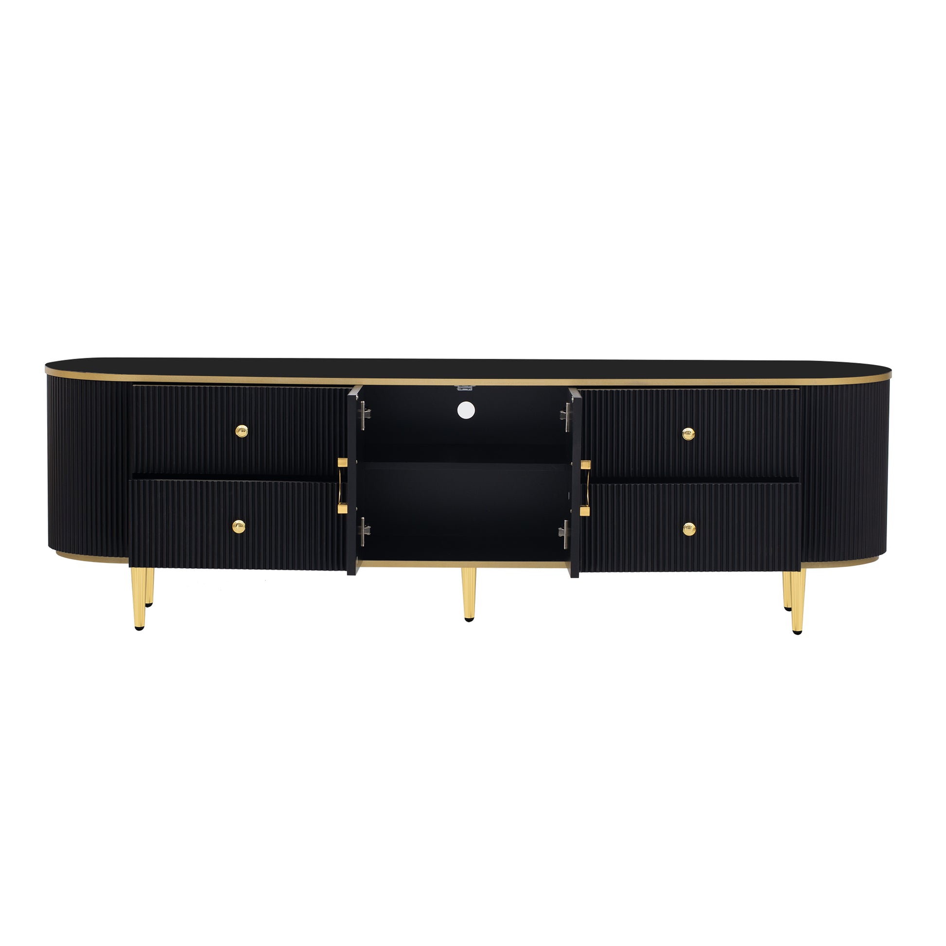 Modern Tv Stand For Tvs Up To 80 Inches, Entertainment Center With 4 Drawers And 1 Cabinet, Wood Tv Console Table With Metal Legs And Handles For Living Room Black 70 79 Inches Mdf