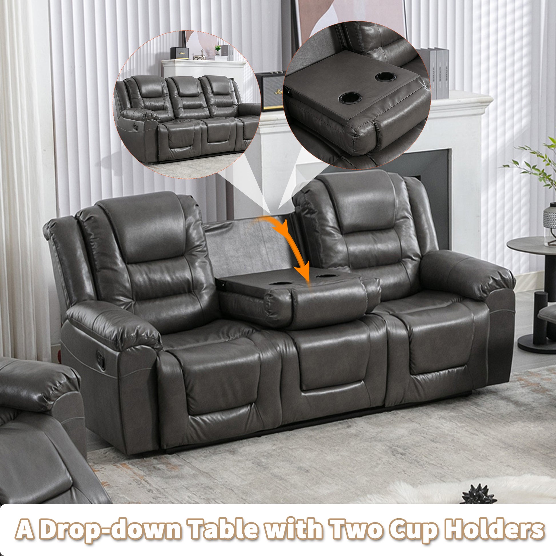 Home Theater Recliner Set Manual Recliner Chair With Wide Armrest, Two Built In Cup Holders For Living Room,Bedroom, Grey Grey Foam Pu