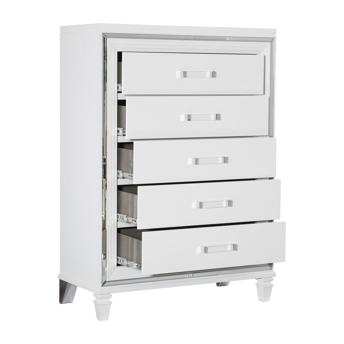 White Metallic Finish Glam Style Storage Chest Of 5 Drawers Wooden 1Pc Modern Bedroom Furniture Acrylic Hardware White Bedroom Glam,Modern Wood