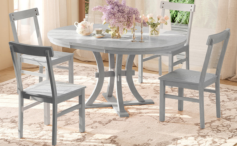 5 Piece Rustic Round Pedestal Extendable Dining Table Set With 15.7" Removable Leaf And Simple Dining Chirs For Small Places, Gray Gray Wood Dining Room Extendable Rubberwood Oval Dining Table With Chair Wood Wood Gray Seats 4 Removable Leaf Farmhouse