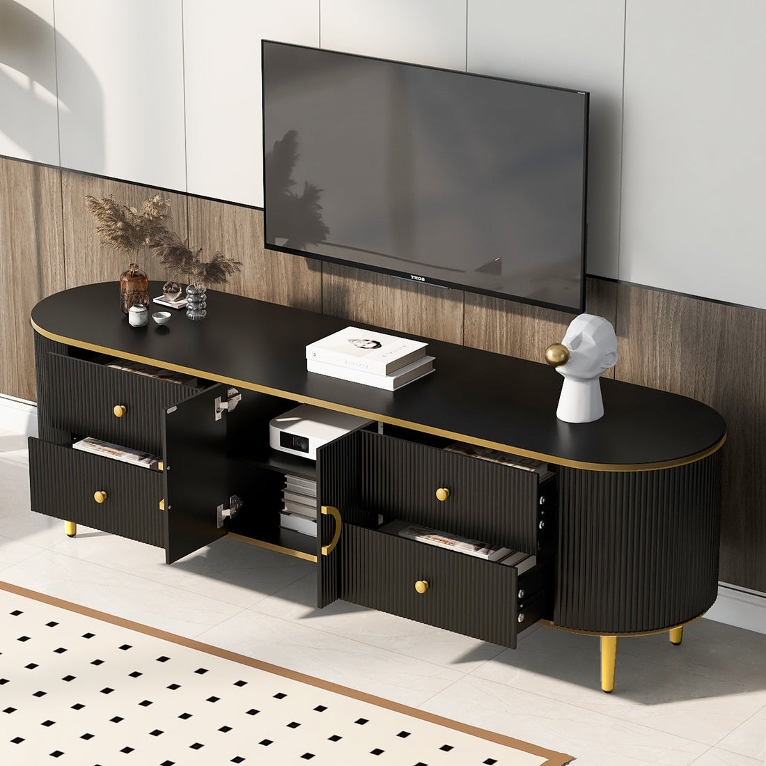 Modern Tv Stand For Tvs Up To 80 Inches, Entertainment Center With 4 Drawers And 1 Cabinet, Wood Tv Console Table With Metal Legs And Handles For Living Room Black 70 79 Inches Mdf