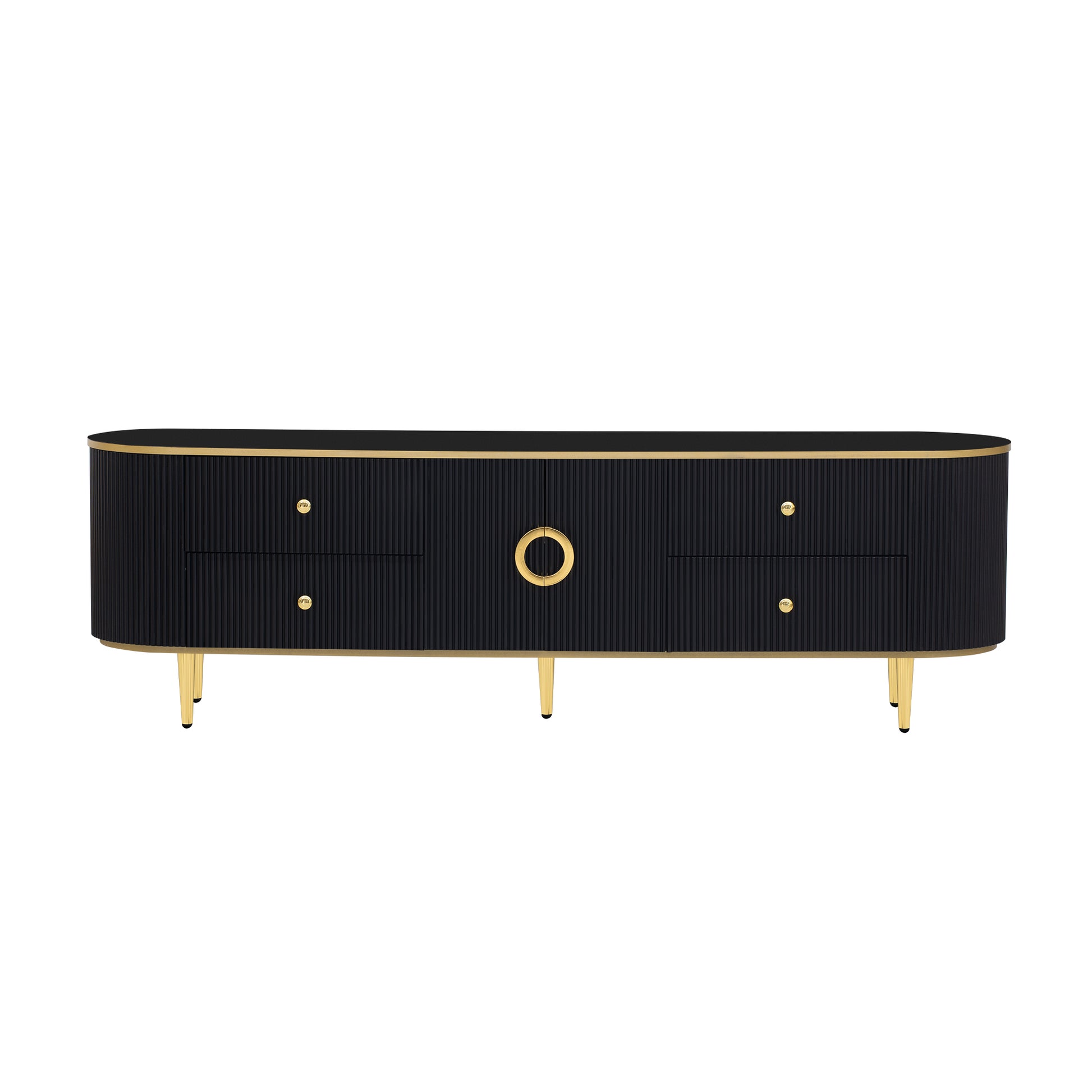 Modern Tv Stand For Tvs Up To 80 Inches, Entertainment Center With 4 Drawers And 1 Cabinet, Wood Tv Console Table With Metal Legs And Handles For Living Room Black 70 79 Inches Mdf