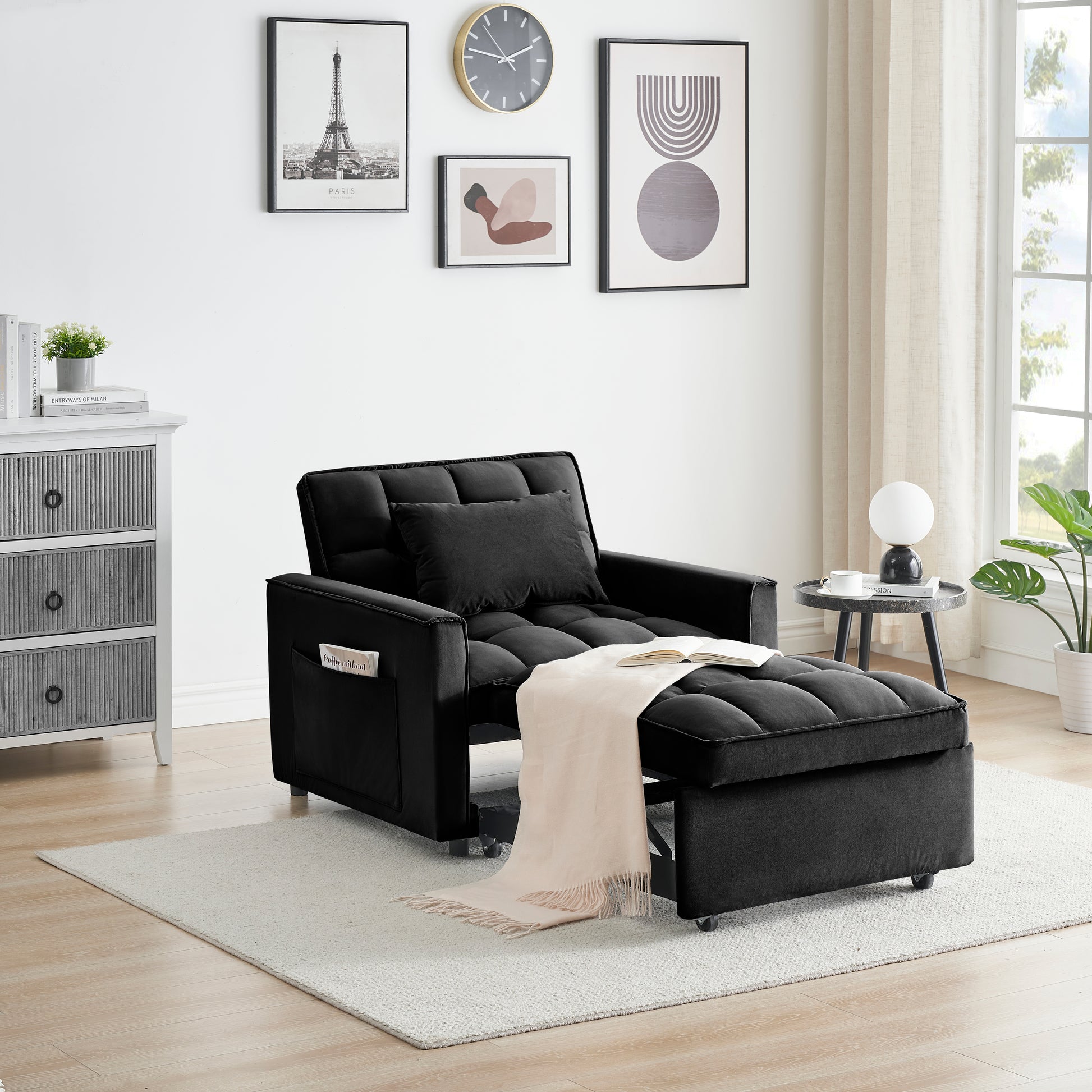 Sofa Bed Chair 3 In 1 Convertible, Recliner, Single Recliner, Suitable For Small Spaces With Adjustable Back Black Black Light Brown Velvet Wood Primary Living Space Loose Back Modern,Traditional Eucalyptus Rolled Arms Solid Wood Mdf Resin Metal & Wood 1