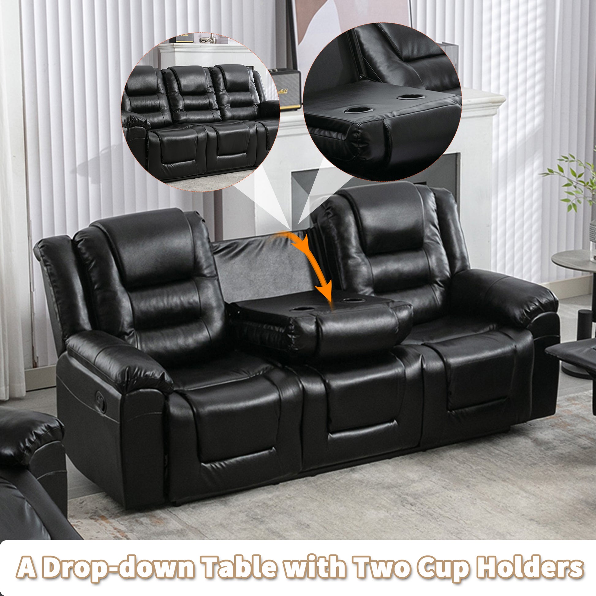 Home Theater Recliner Set Manual Recliner Chair With Wide Armrest, Two Built In Cup Holders For Living Room,Bedroom, Black Old Sku:Sg000760Aab Black Foam Pu Leather