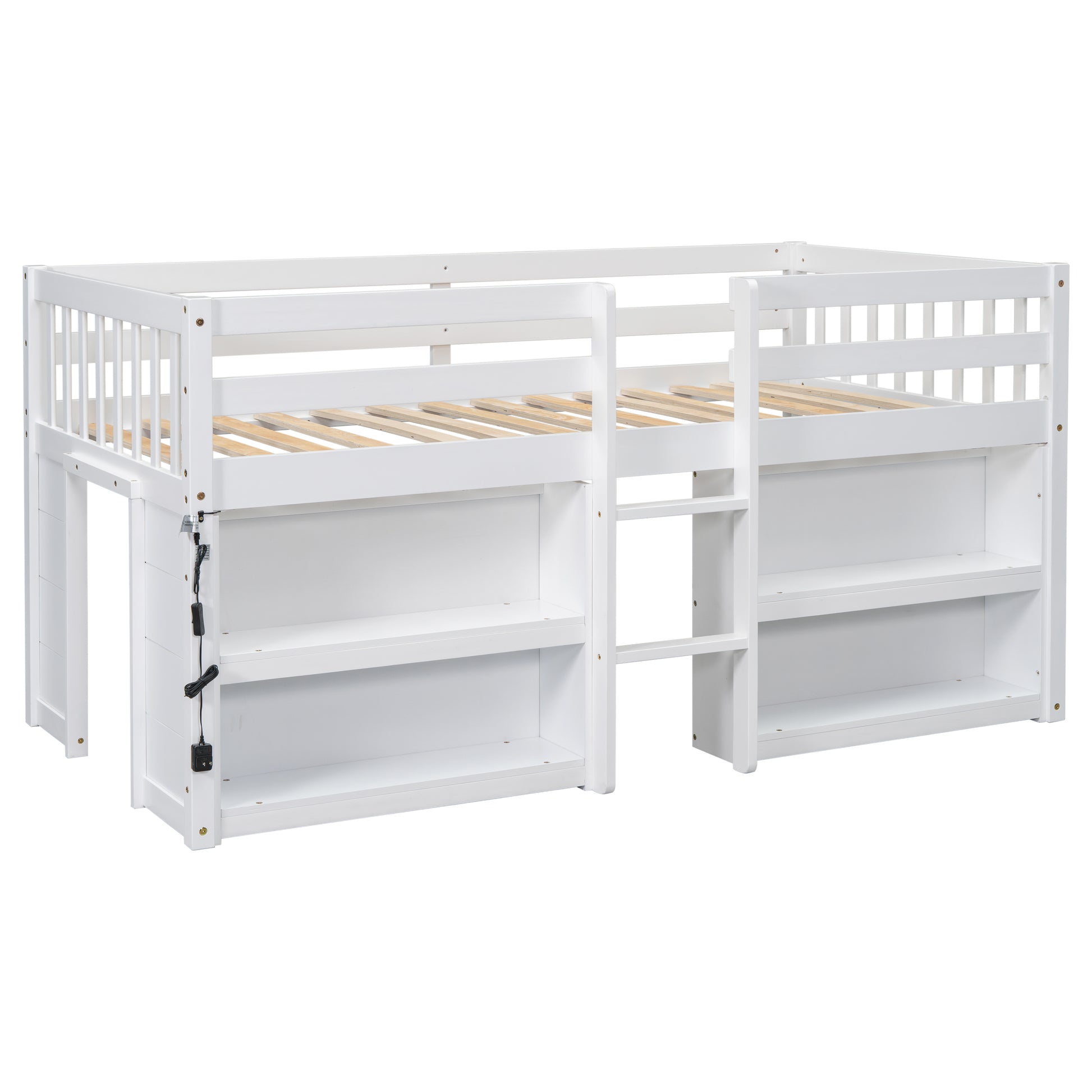 Twin Size Kid Low Loft Bed With Two Tier Shelves And Led Light For White Color Box Spring Not Required Twin White Bedroom Pine