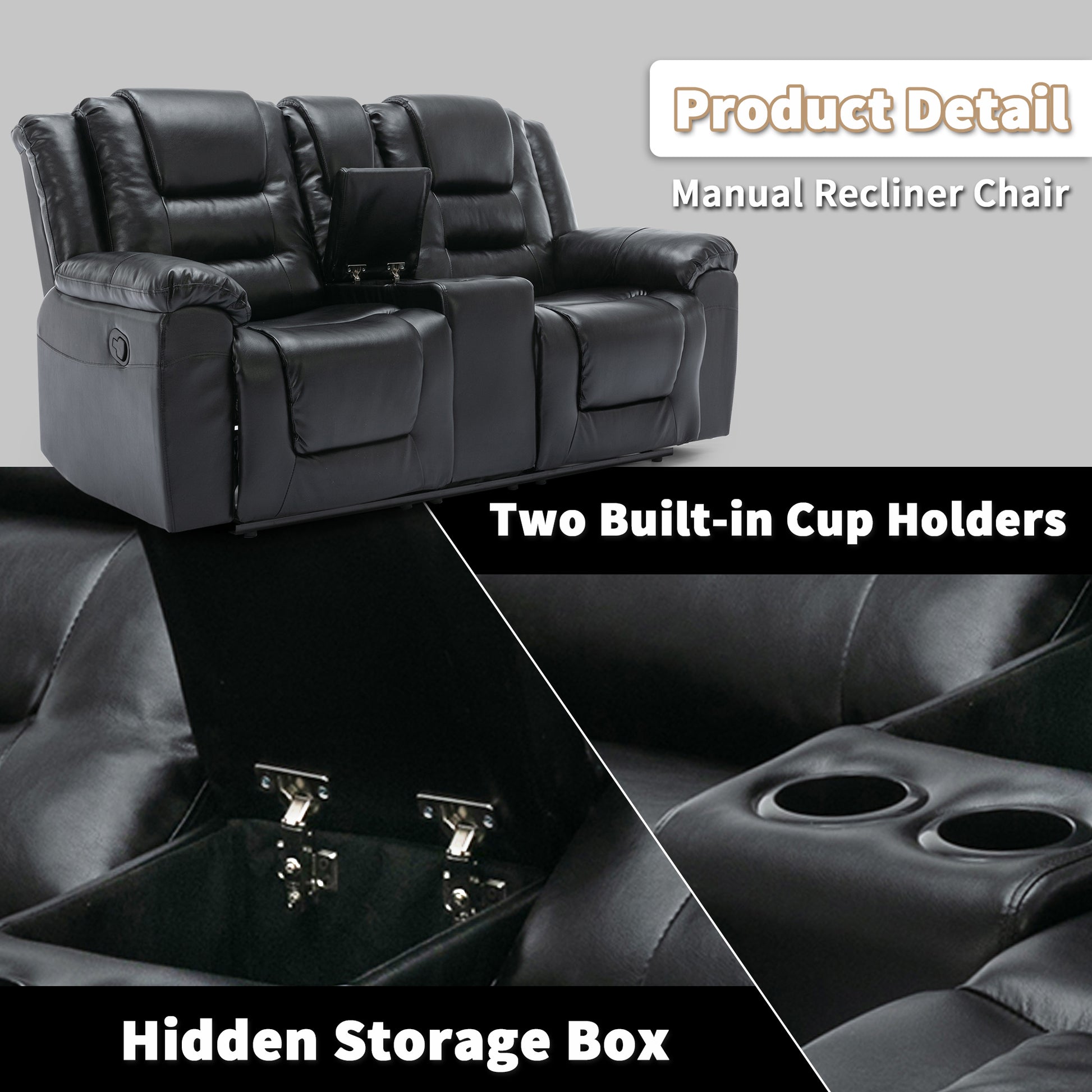 Home Theater Recliner Set Manual Recliner Chair With Wide Armrest, Two Built In Cup Holders For Living Room,Bedroom, Black Old Sku:Sg000760Aab Black Foam Pu Leather