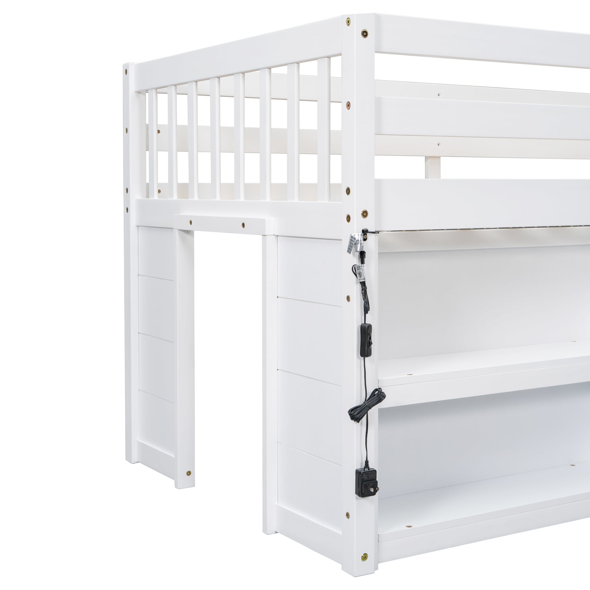 Twin Size Kid Low Loft Bed With Two Tier Shelves And Led Light For White Color Box Spring Not Required Twin White Bedroom Pine