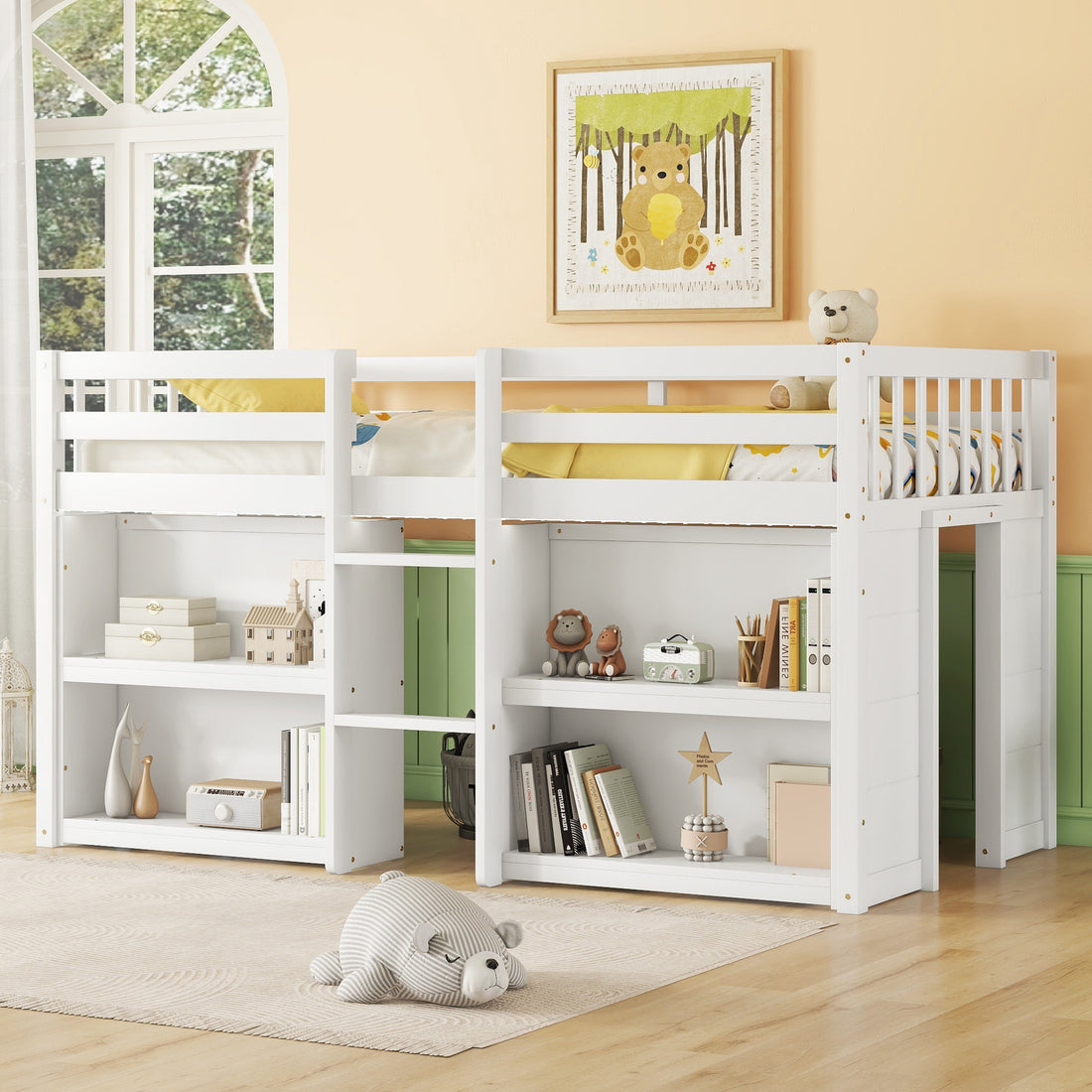 Twin Size Kid Low Loft Bed With Two Tier Shelves And Led Light For White Color Box Spring Not Required Twin White Bedroom Pine