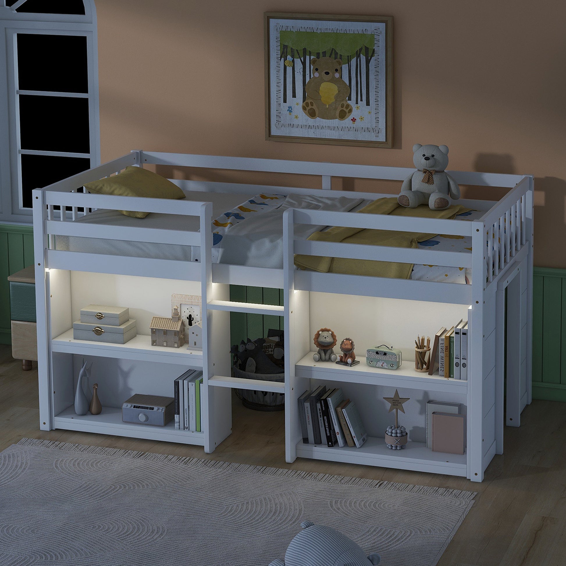 Twin Size Kid Low Loft Bed With Two Tier Shelves And Led Light For White Color Box Spring Not Required Twin White Bedroom Pine