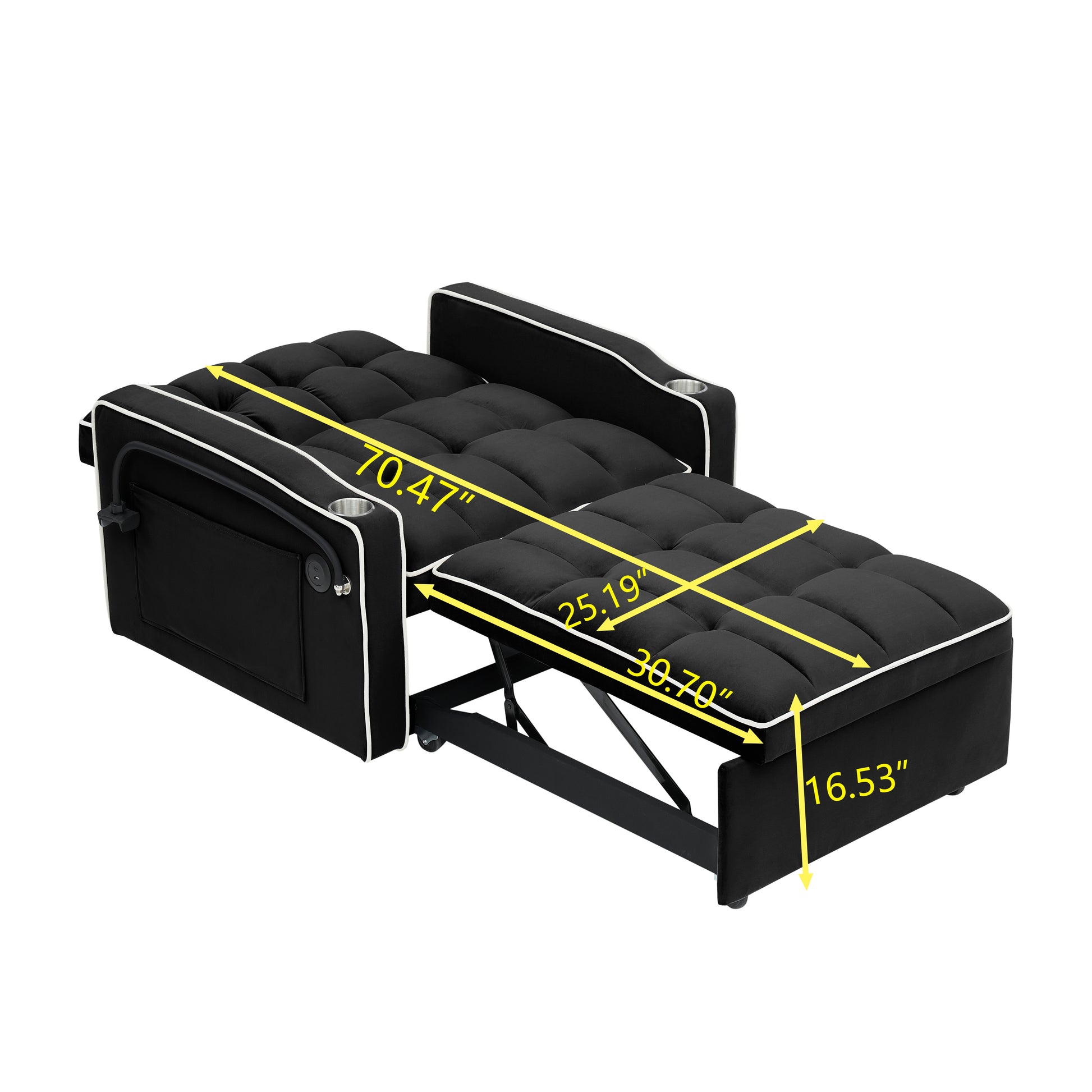 1 Versatile Foldable Sofa Bed In 3 Lengths, Modern Sofa Sofa Sofa Velvet Pull Out Bed, Adjustable Back And With Usb Port And Ashtray And Swivel Phone Stand Black Black Velvet Wood Primary Living Space Cushion Back Light Duty Modern,Traditional Eucalyptus