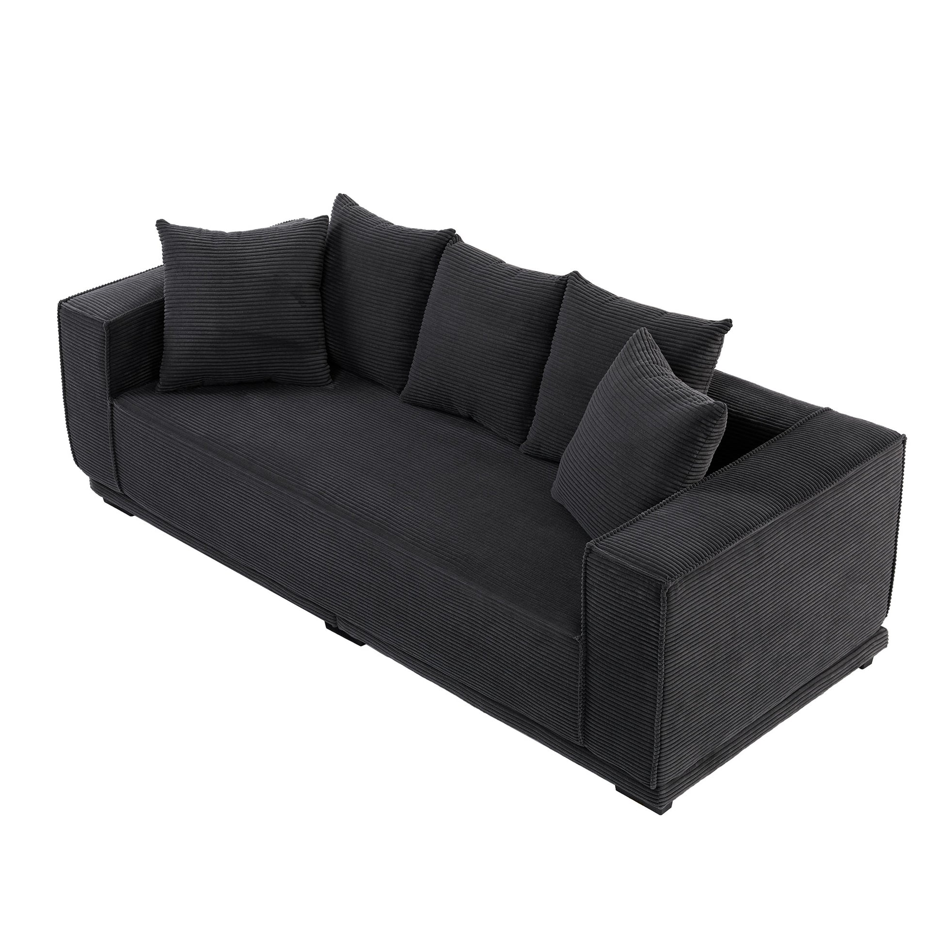 88.97'' Mid Century Modern Upholstered Sofa With 5 Matching Toss Pillows, Including Bottom Frame,Comfy Couches For Living Room, Bedroom, Apartment And Office.Black Black Corduroy 3 Seat