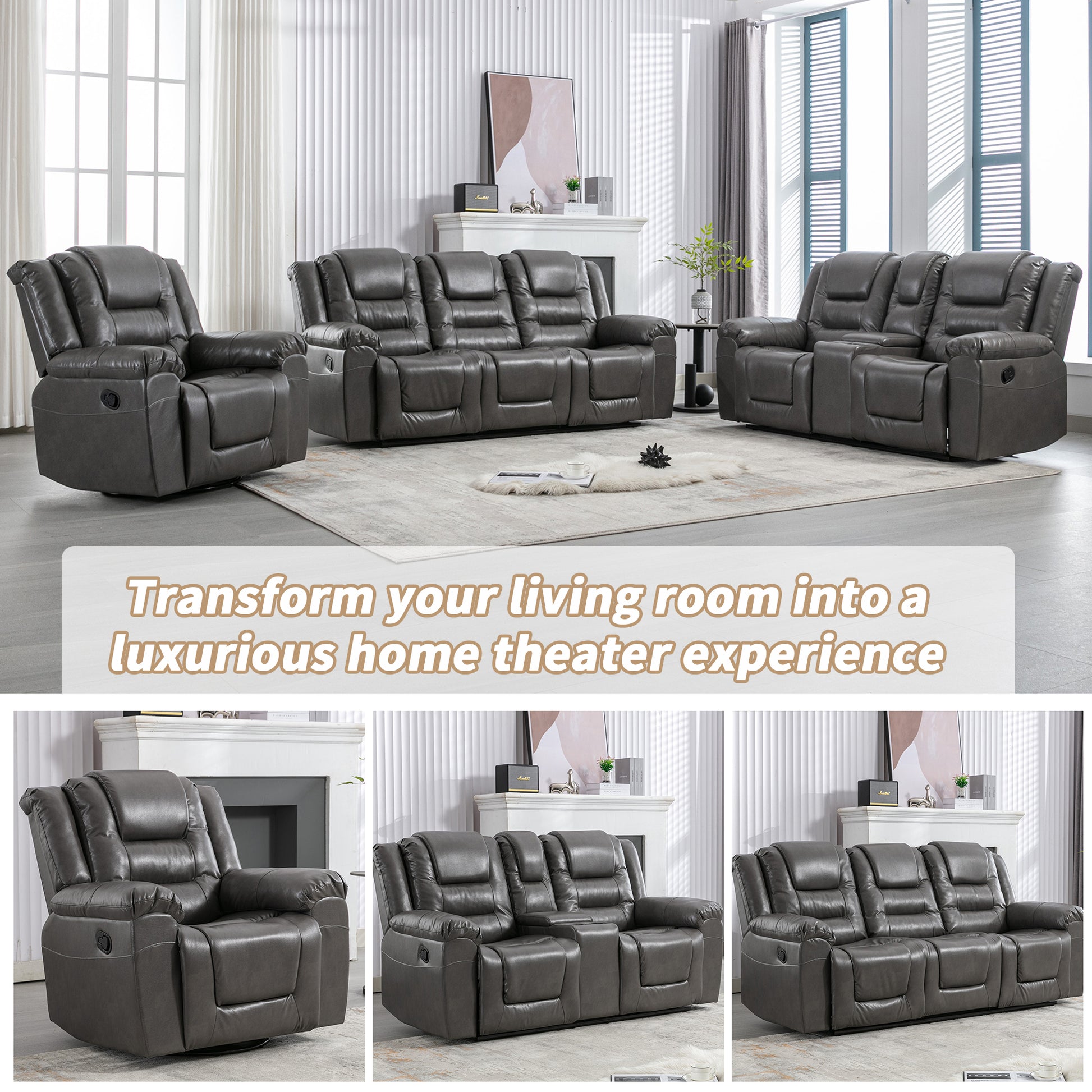 3 Seater Home Theater Recliner Manual Recliner Chair With Two Built In Cup Holders For Living Room,Bedroom, Grey Grey Foam Pu