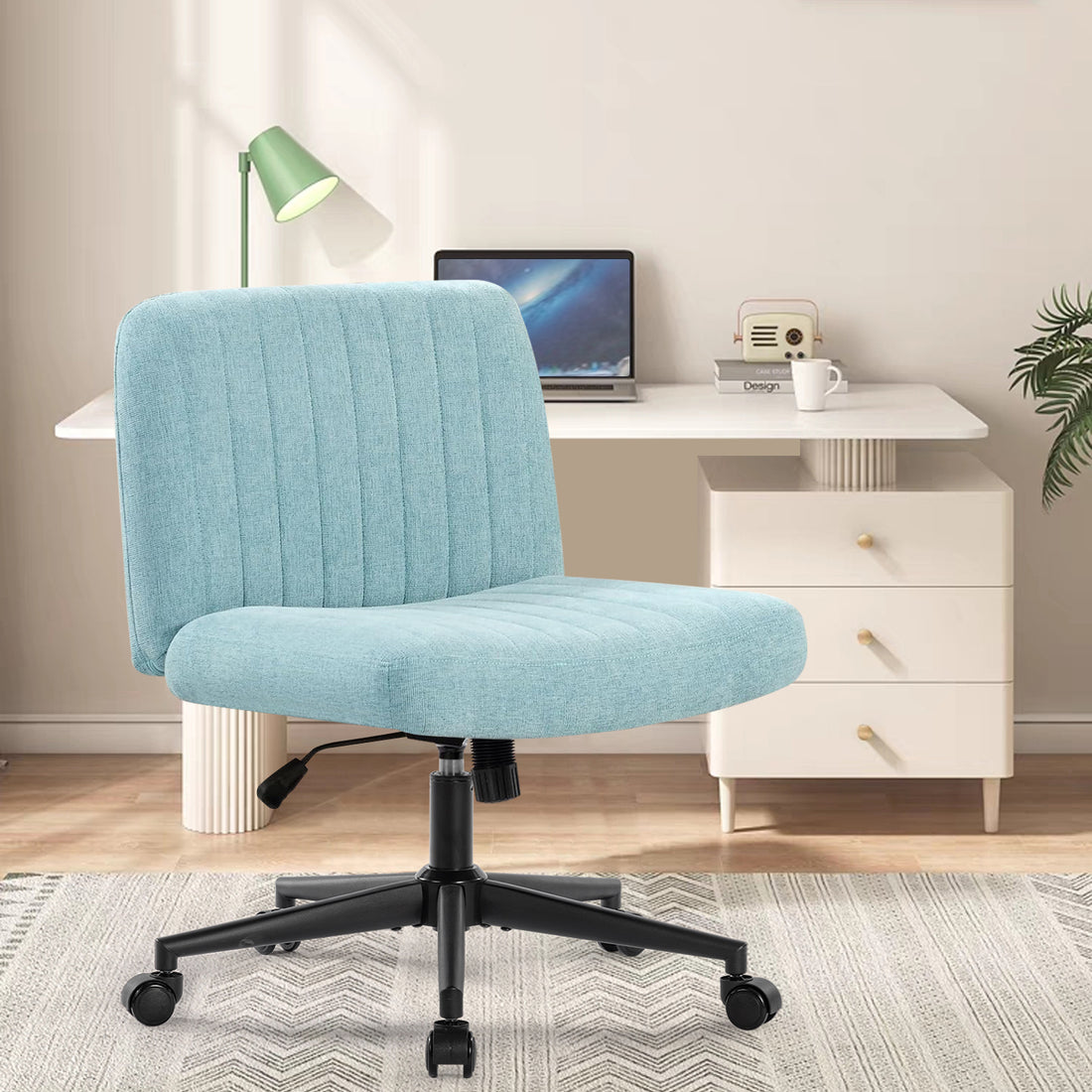 Office Chair With Wheels, Armless Office Chair, Linen Wide Seat Home Office Chair, Cute Computer Chair With 15 Swing Backrest, Suitable For Bedrooms And Dressing Tables Wood Blue Green Handle Linen