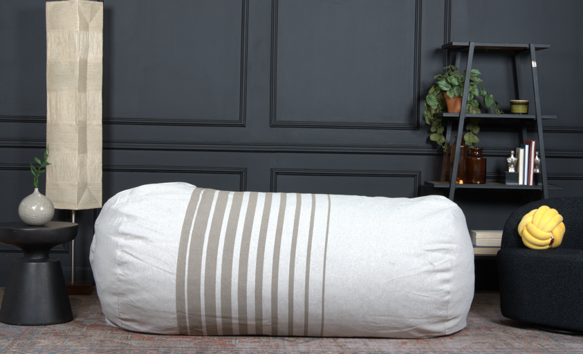 Zeon 6.5 Foot Striped Cylindrical Bean Bag, Natural Color With Ligt Brown Stripes Natural Cream Fabric