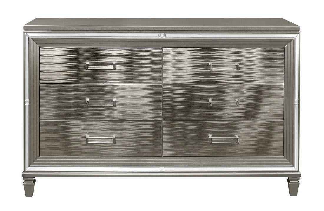 Silver Gray Metallic Finish Glam Style Dresser Of 6 Drawers Wooden 1Pc Modern Bedroom Furniture Acrylic Hardware Beveled Mirror Trim Silver Grey Bedroom Glam,Modern Wood