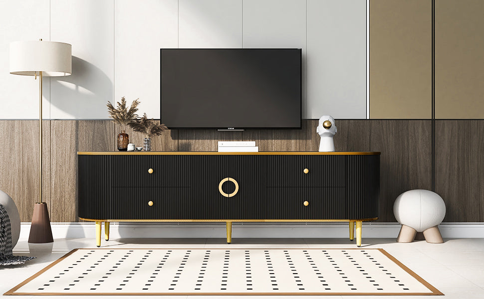 Modern Tv Stand For Tvs Up To 80 Inches, Entertainment Center With 4 Drawers And 1 Cabinet, Wood Tv Console Table With Metal Legs And Handles For Living Room Black 70 79 Inches Mdf