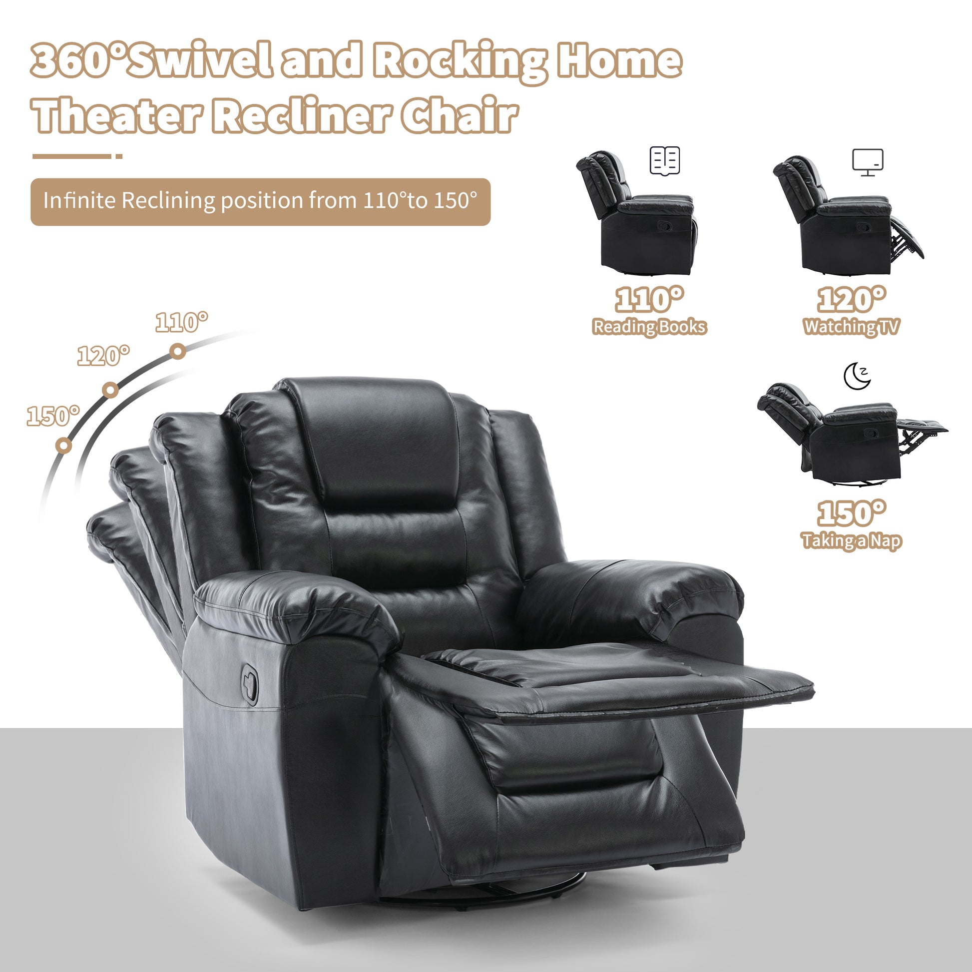 Home Theater Recliner Set Manual Recliner Chair With Wide Armrest, Two Built In Cup Holders For Living Room,Bedroom, Black Old Sku:Sg000760Aab Black Foam Pu Leather