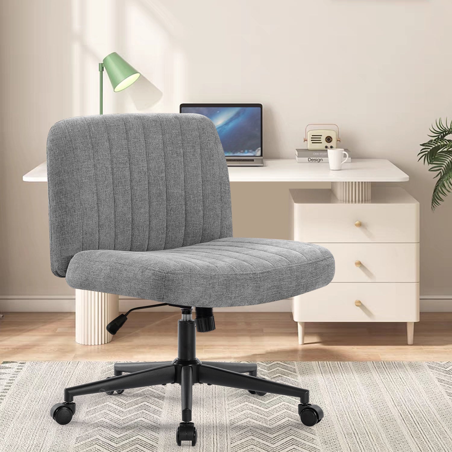 Office Chair With Wheels, Armless Office Chair, Linen Wide Seat Home Office Chair, Cute Computer Chair With 15 Swing Backrest, Suitable For Bedrooms And Dressing Tables Wood Grey Handle Linen
