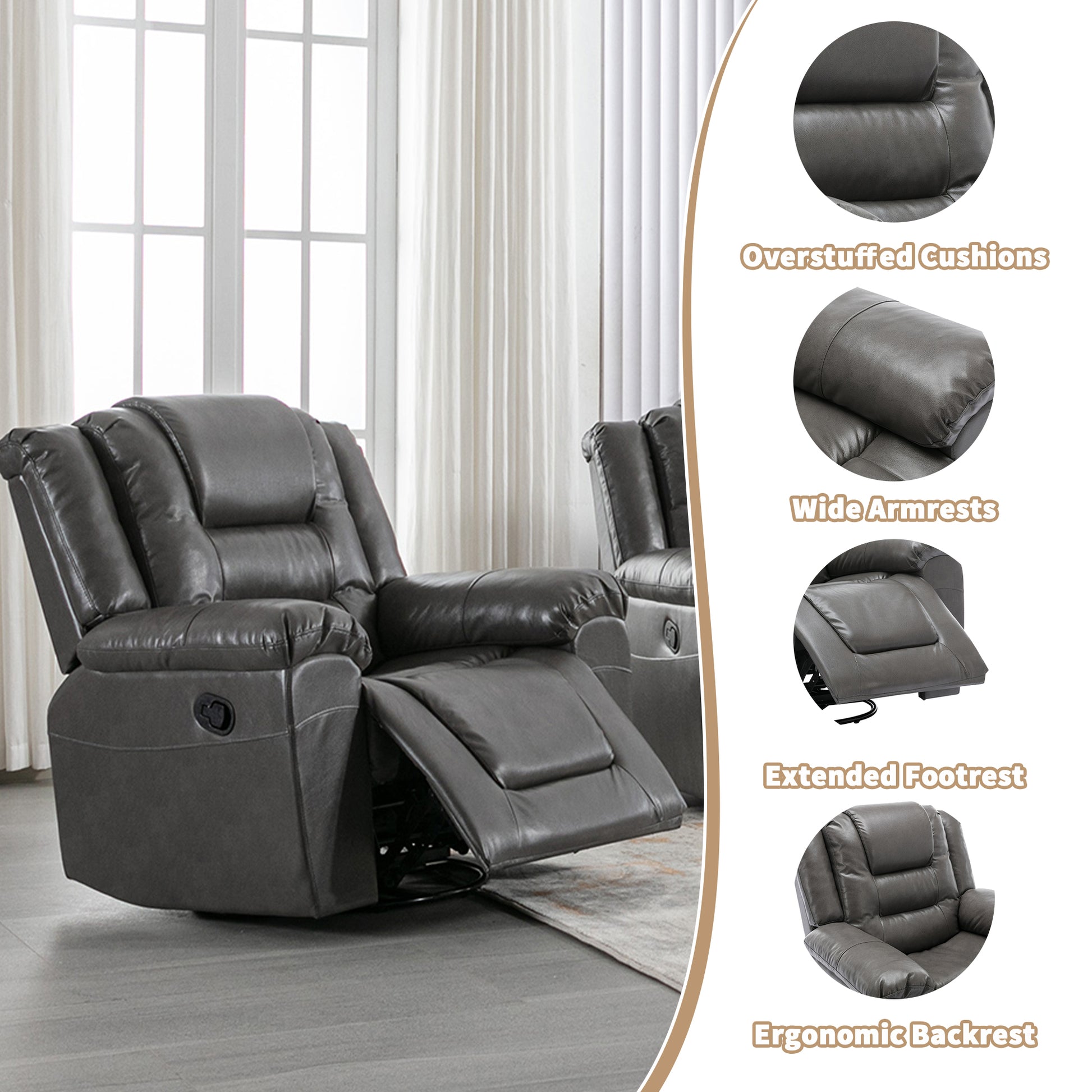 2 Seater Home Theater Recliner Manual Recliner Chair With A Storage Box And Two Cup Holders For Living Room,Bedroom, Grey Grey Foam Pu