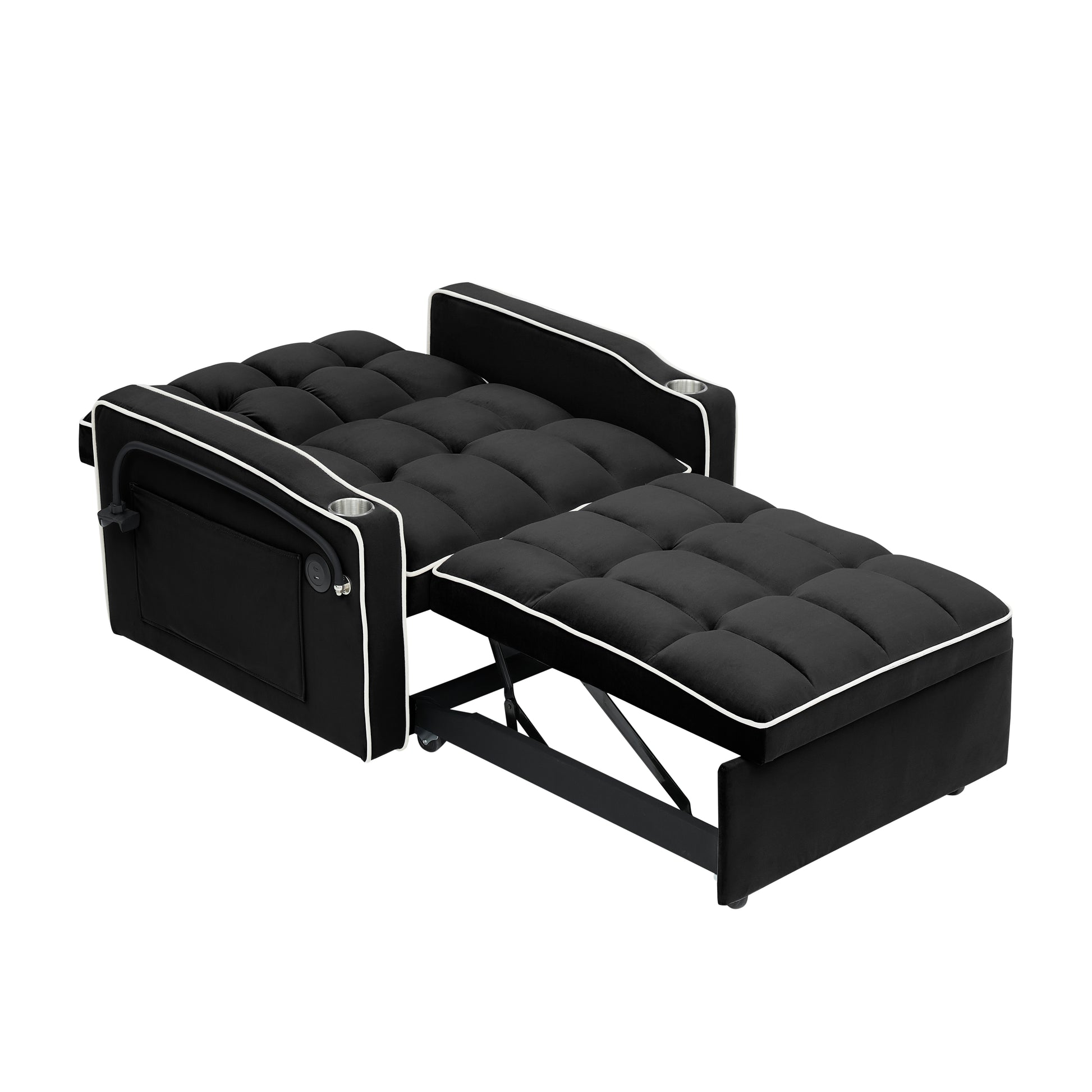 1 Versatile Foldable Sofa Bed In 3 Lengths, Modern Sofa Sofa Sofa Velvet Pull Out Bed, Adjustable Back And With Usb Port And Ashtray And Swivel Phone Stand Black Black Velvet Wood Primary Living Space Cushion Back Light Duty Modern,Traditional Eucalyptus
