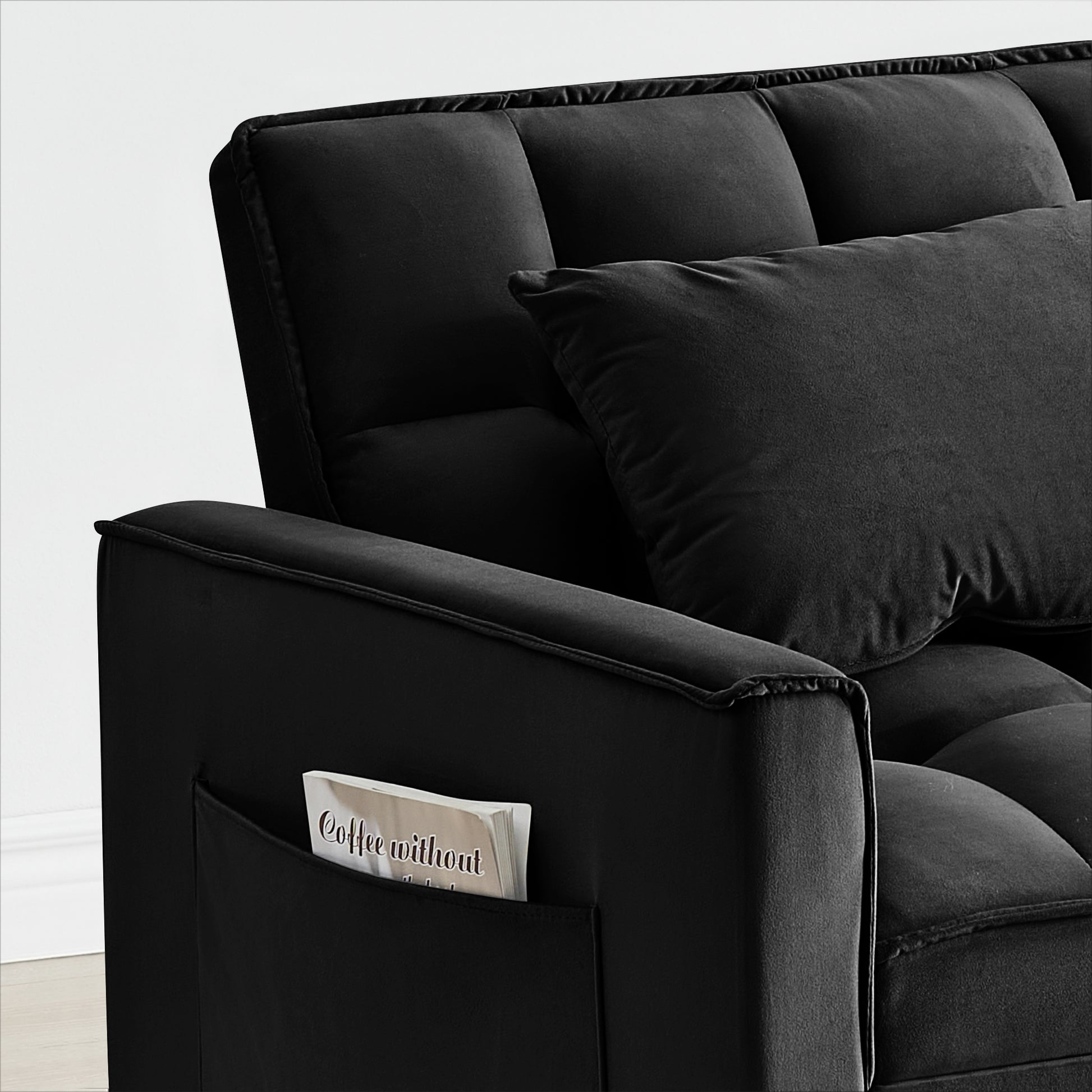 Sofa Bed Chair 3 In 1 Convertible, Recliner, Single Recliner, Suitable For Small Spaces With Adjustable Back Black Black Light Brown Velvet Wood Primary Living Space Loose Back Modern,Traditional Eucalyptus Rolled Arms Solid Wood Mdf Resin Metal & Wood 1