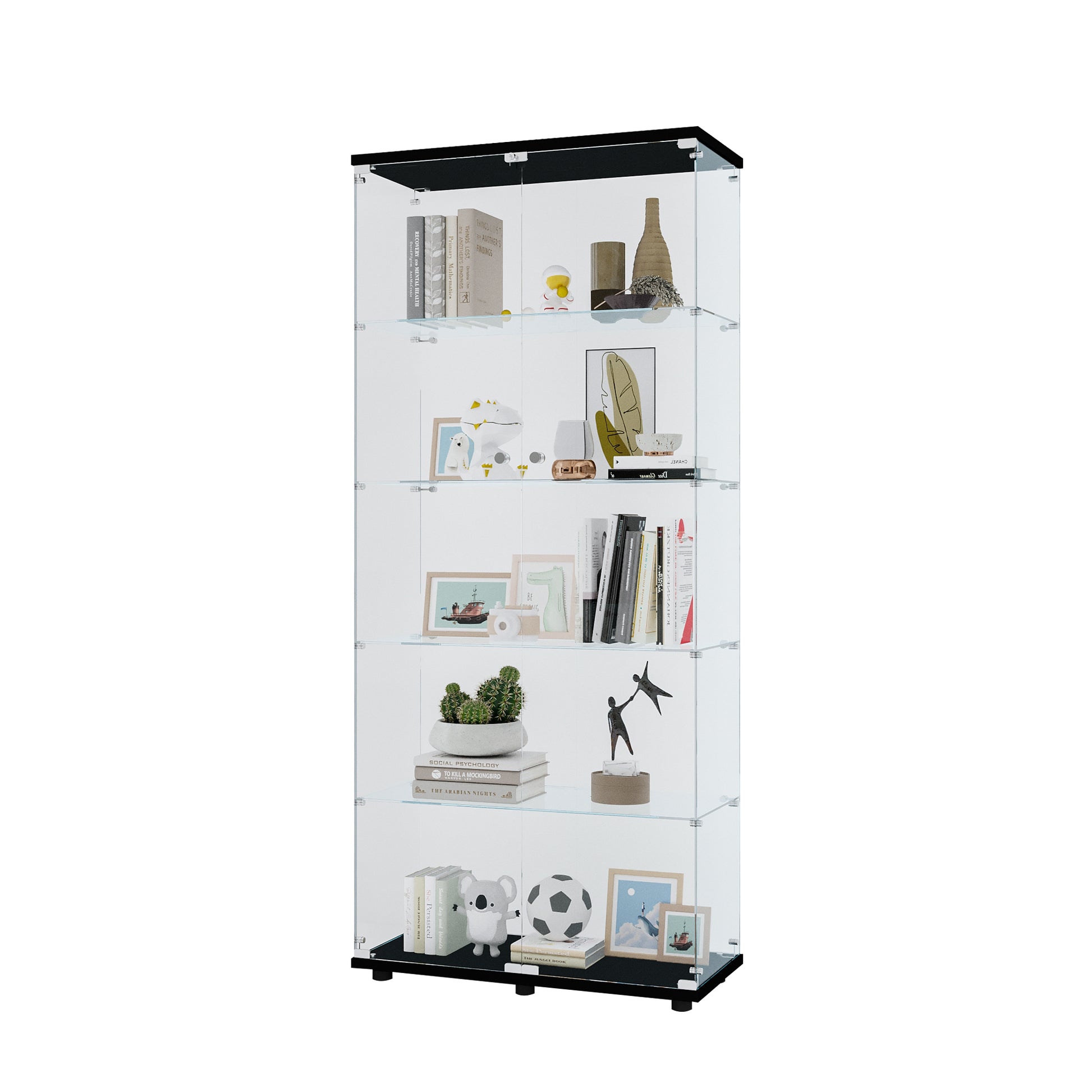 Glass Display Cabinet With 5 Shelves Double Door, Curio Cabinets For Living Room, Bedroom, Office, Black Floor Standing Glass Bookshelf, Quick Installation Black Glass