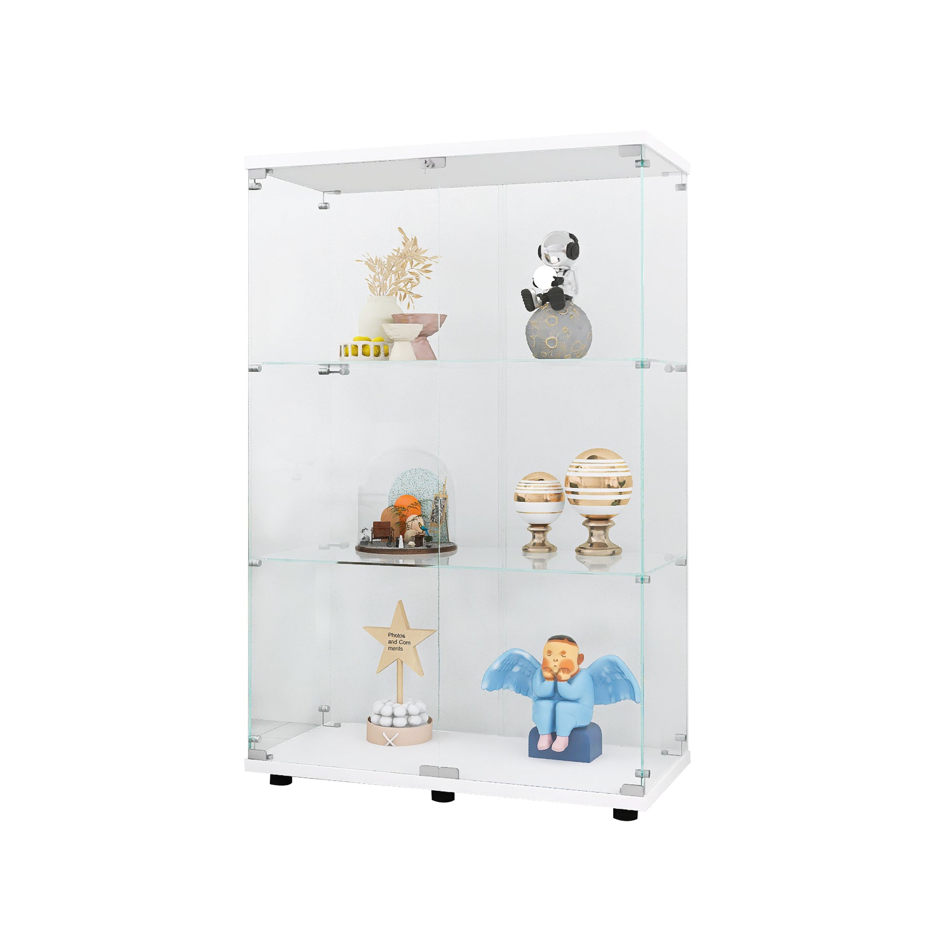 Two Door Glass Display Cabinet 3 Shelves With Door, Floor Standing Curio Bookshelf For Living Room Bedroom Office, 49.3"*31.7"*14.3", White White Glass