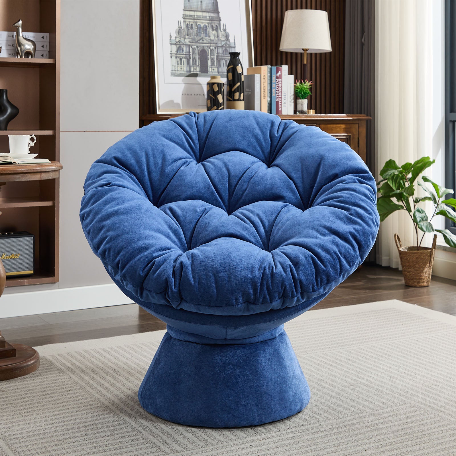 Oversized Swivel Accent Chair, 360 Swivel Barrel Chair, Papasan Chair For Living Room Bedroom Blue Chenille