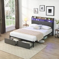 Full Bed Frame, Storage Headboard With Charging Station, Solid And Stable, Noise Free, No Box Spring Needed, Easy Assembly Full Black Brown Grey Mdf Metal