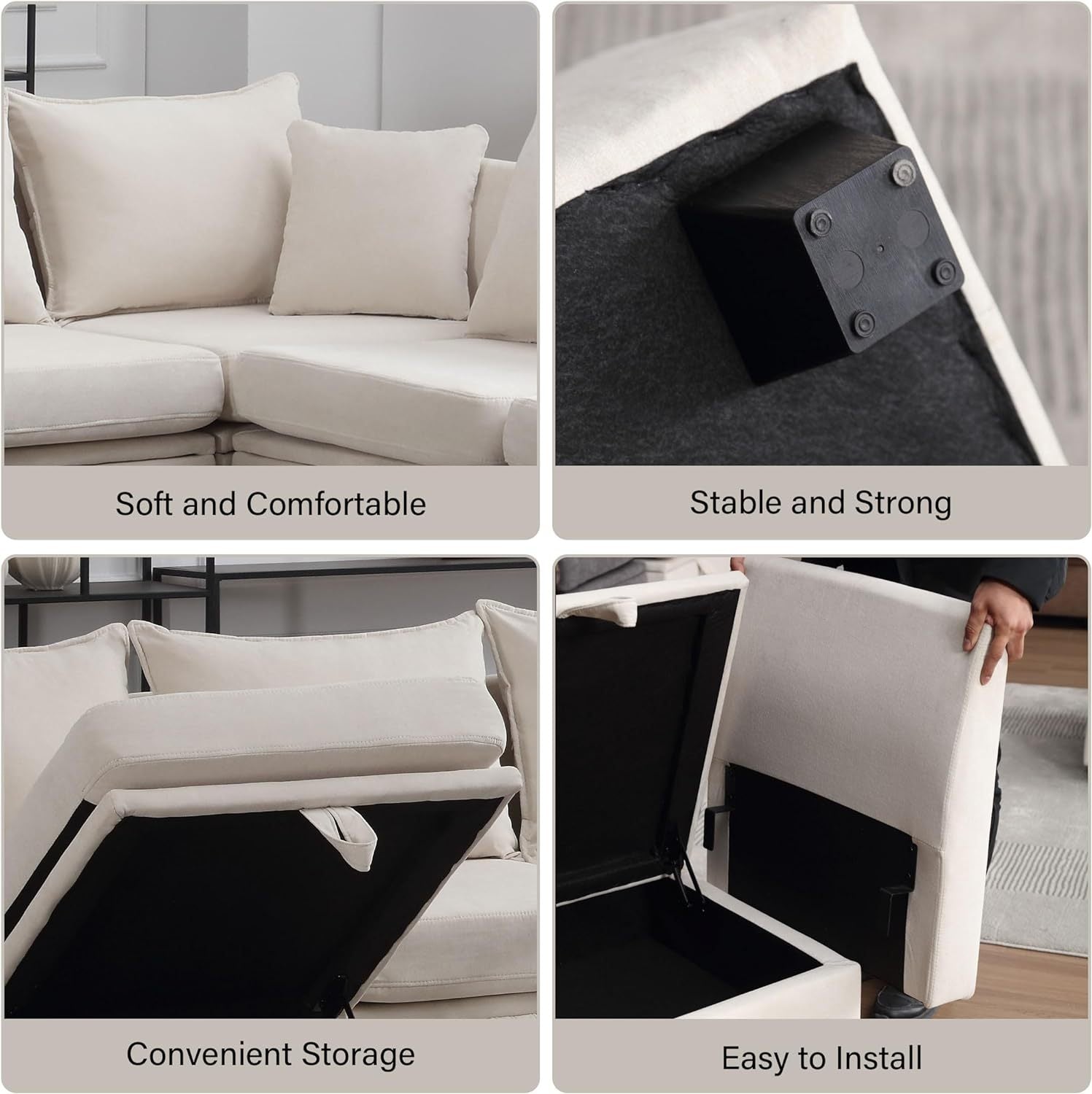 Modular Sectional Sofa, Convertible Sofa Couch With Storage, Sleeper Sectional Sofa Set, Flexible Modular Combinations Fabric Couch For Living Room Beige,5 Seat Sofa Beige Wood Soft Heavy Duty Fabric 5 Seat
