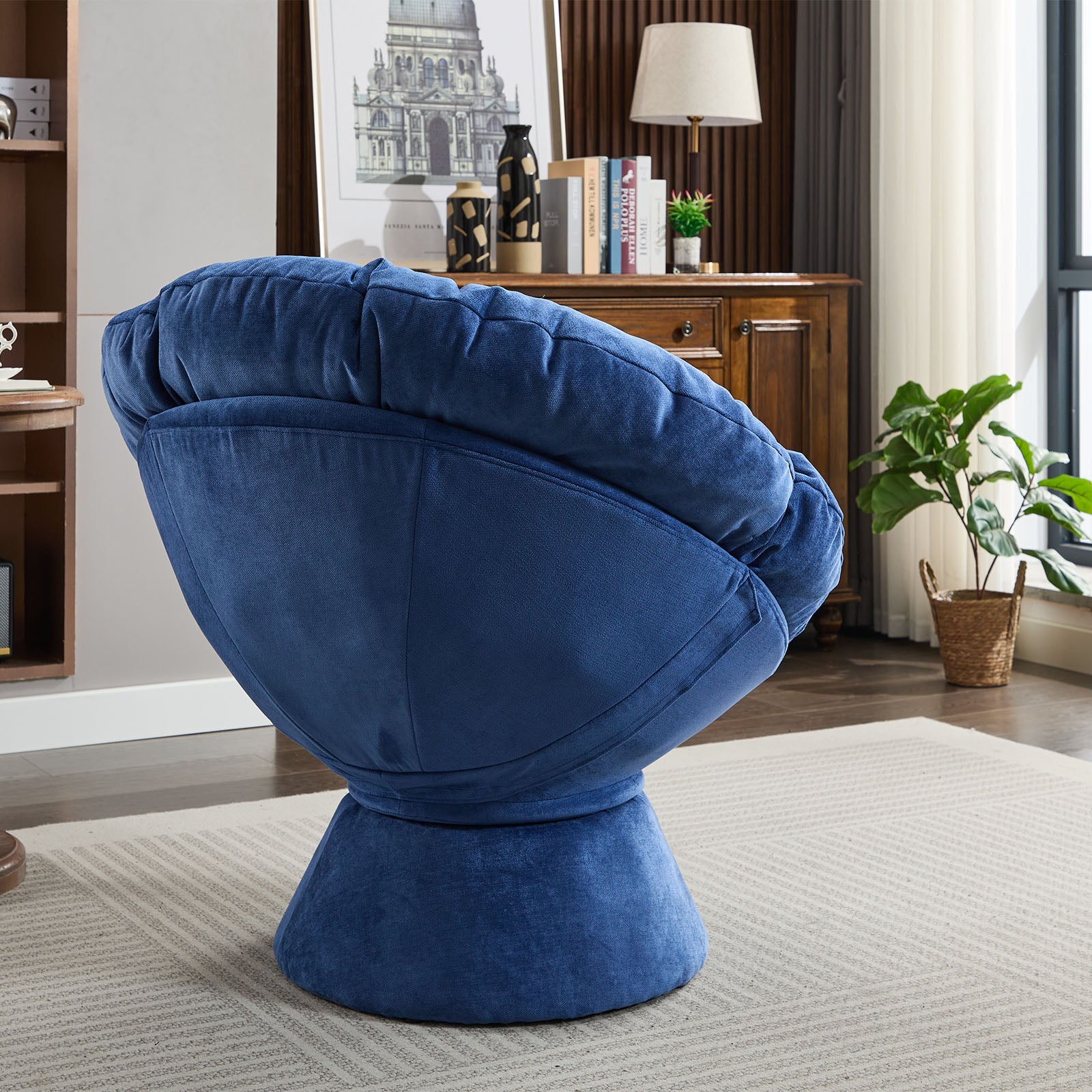 Oversized Swivel Accent Chair, 360 Swivel Barrel Chair, Papasan Chair For Living Room Bedroom Blue Chenille