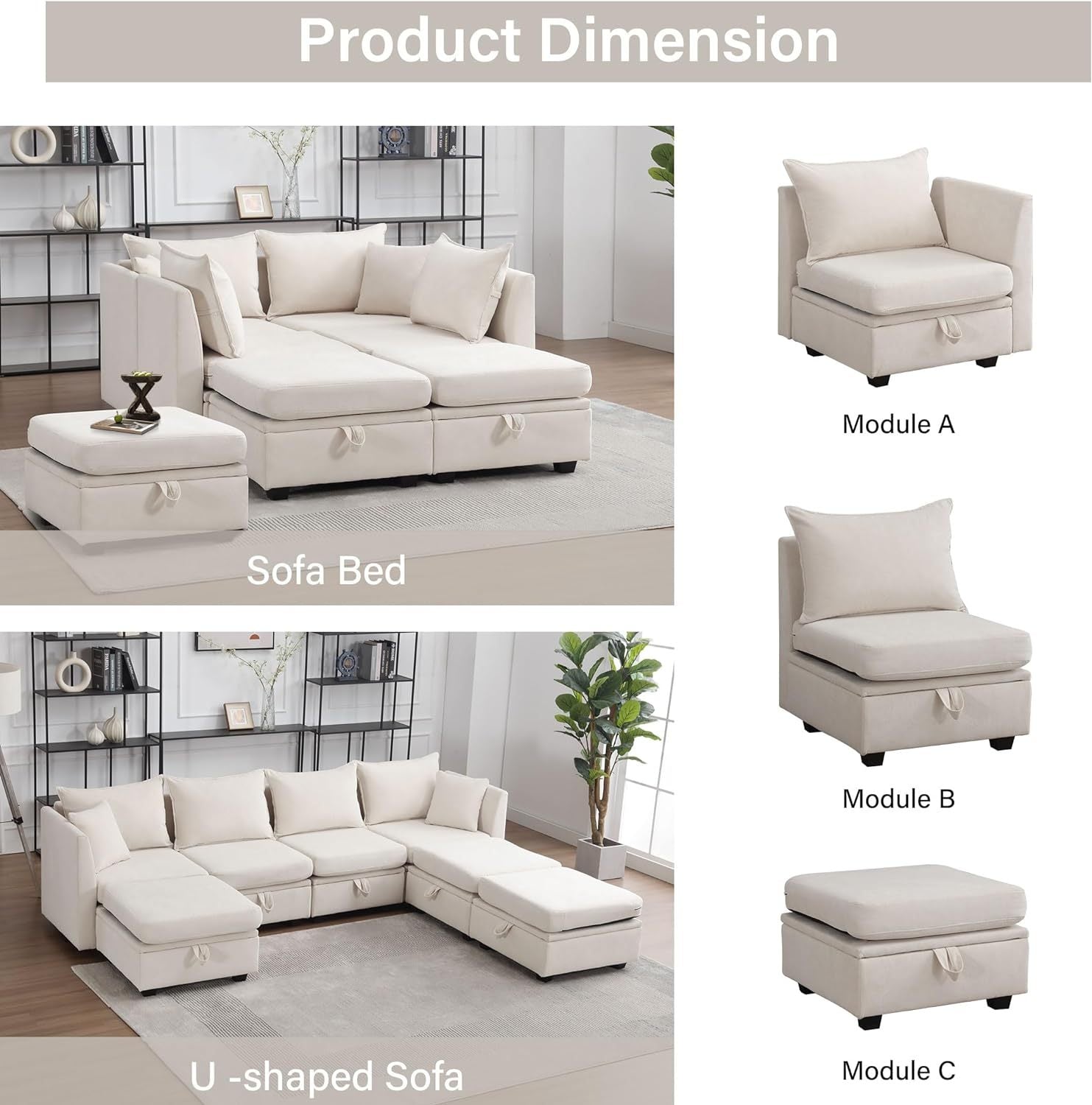Modular Sectional Sofa, Convertible Sofa Couch With Storage, Sleeper Sectional Sofa Set, Flexible Modular Combinations Fabric Couch For Living Room,Beige Beige Wood Soft Heavy Duty Fabric 1 Seat