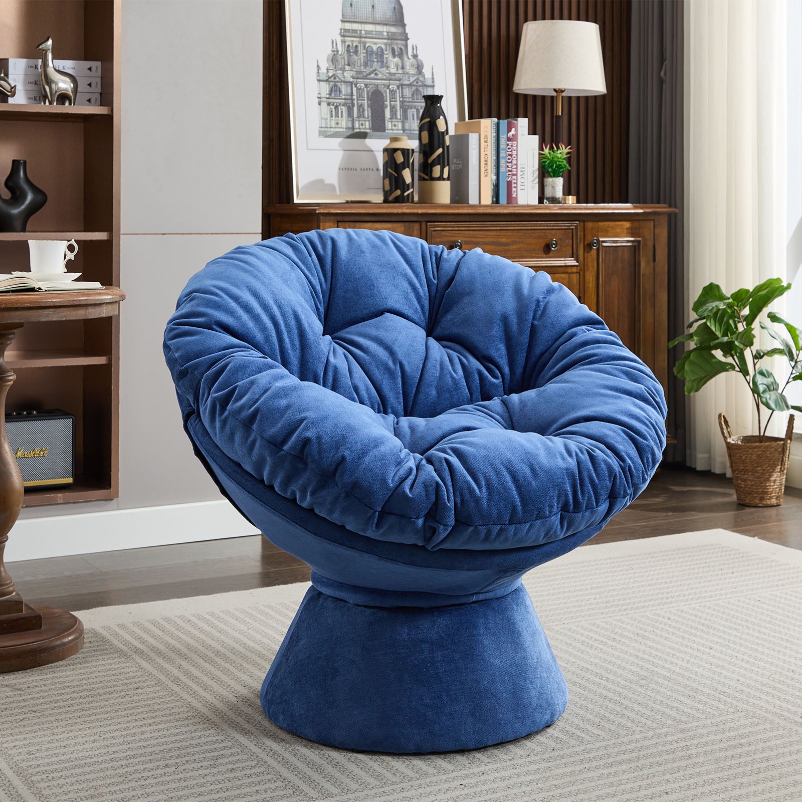 Oversized Swivel Accent Chair, 360 Swivel Barrel Chair, Papasan Chair For Living Room Bedroom Blue Chenille