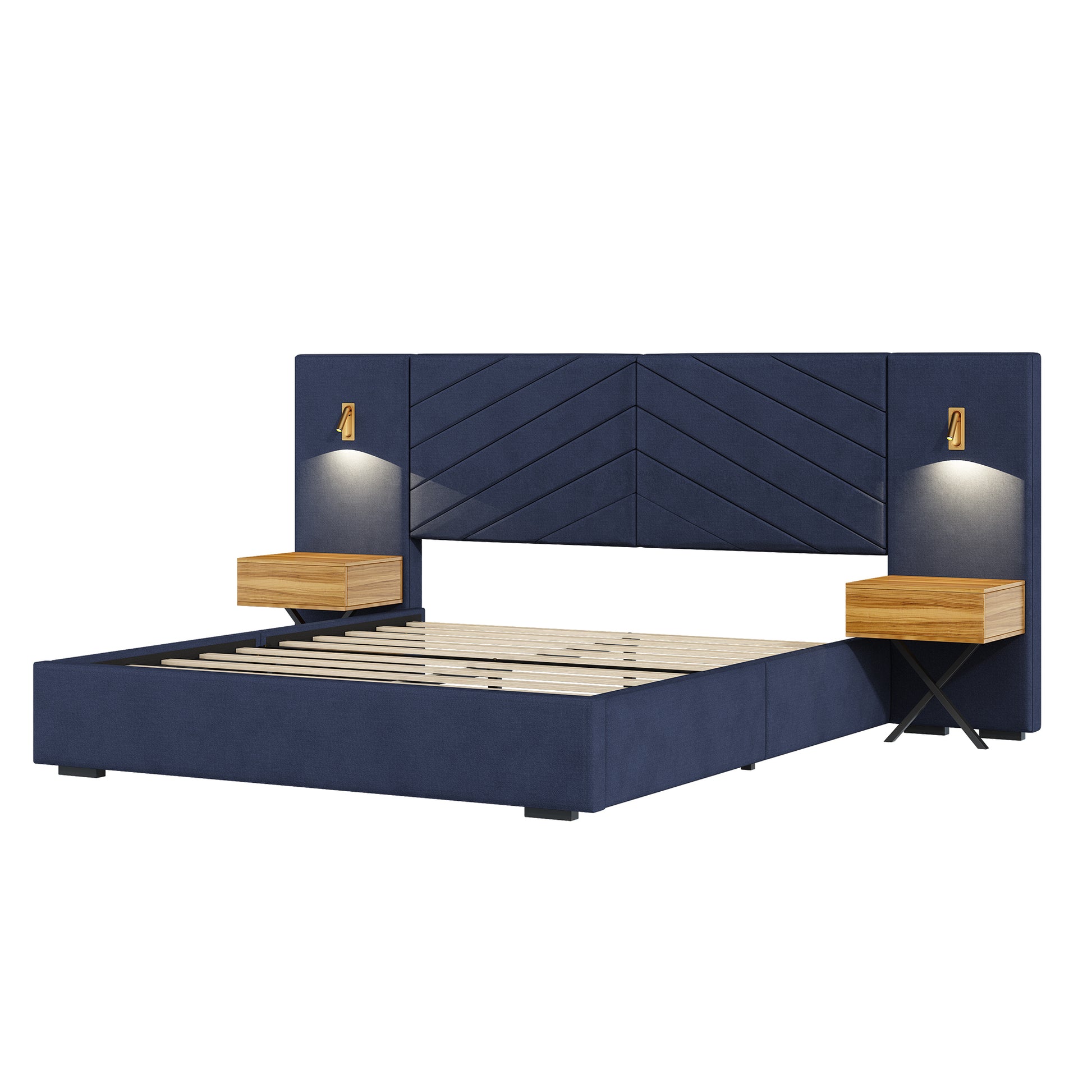 Queen Size Velvet Bed Frame Vertical Channel Tufted Wingback Headboard Upholstered Platform Bed Strong Wooden Slats No Box Spring Needed Easy Assemblyroyal Blue Queen Retro Blue Wood Light Brown Bedroom Modern Bed Frame Wood
