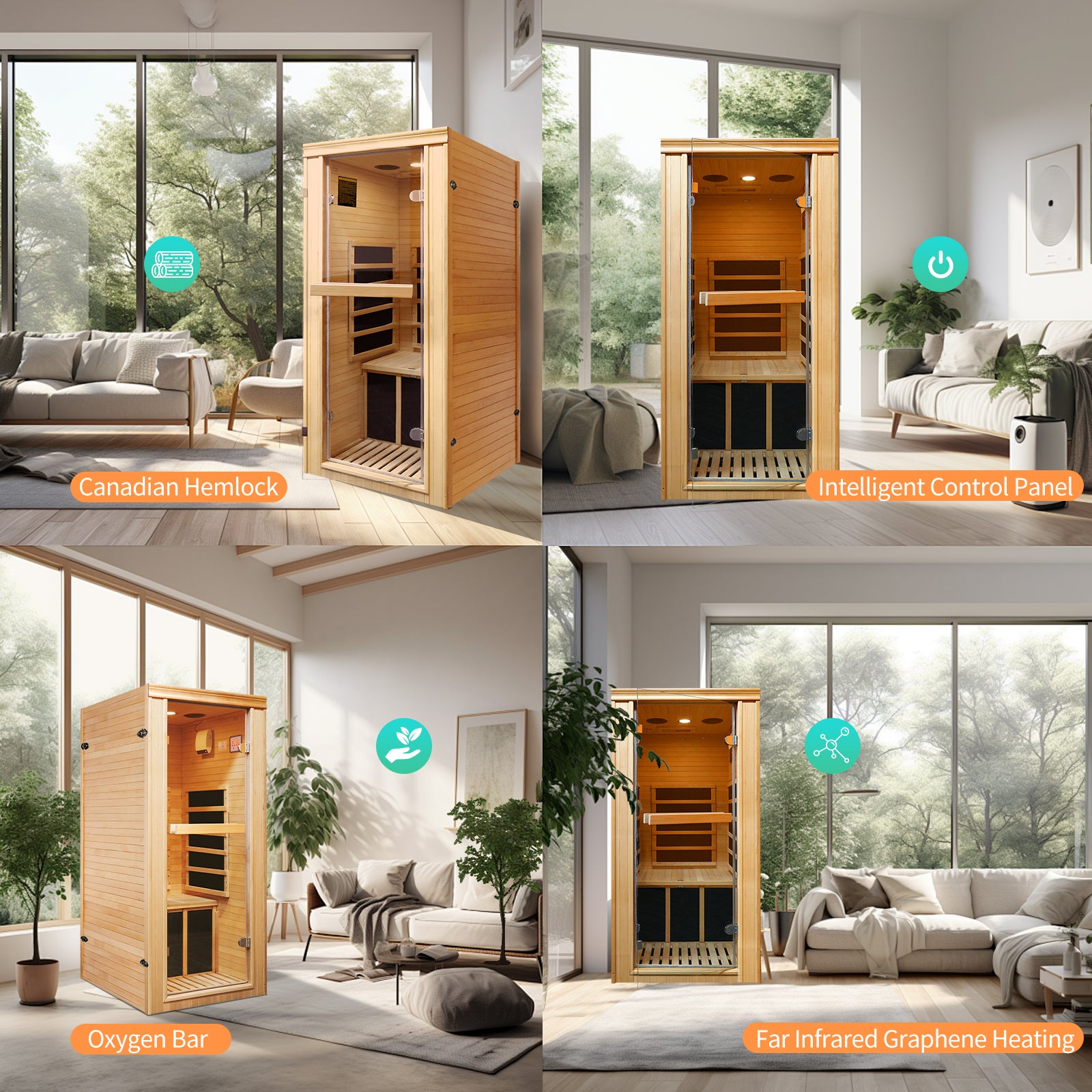 Single Person Far Infrared Sauna Room Natural Wood Paper Glass Metal