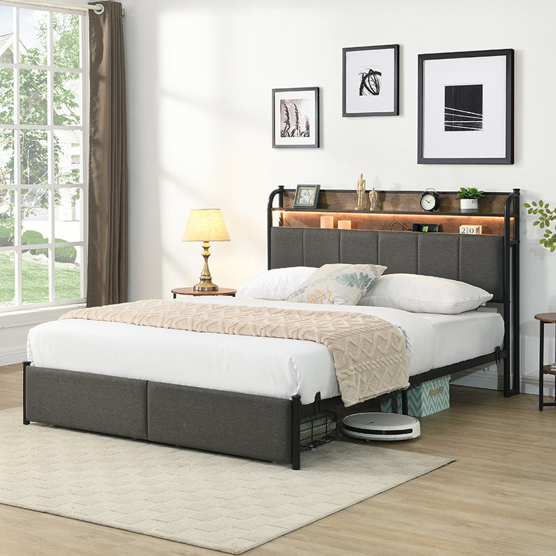 Full Bed Frame, Storage Headboard With Charging Station, Solid And Stable, Noise Free, No Box Spring Needed, Easy Assembly Full Black Brown Grey Mdf Metal